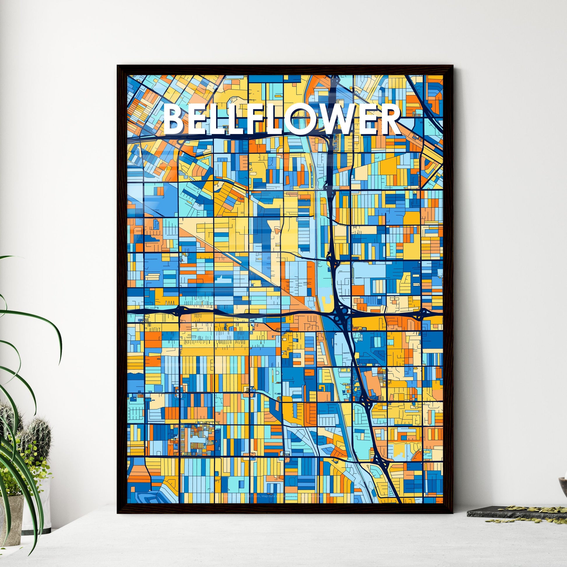 BELLFLOWER CALIFORNIA Vibrant Colorful Art Map Poster Blue Orange