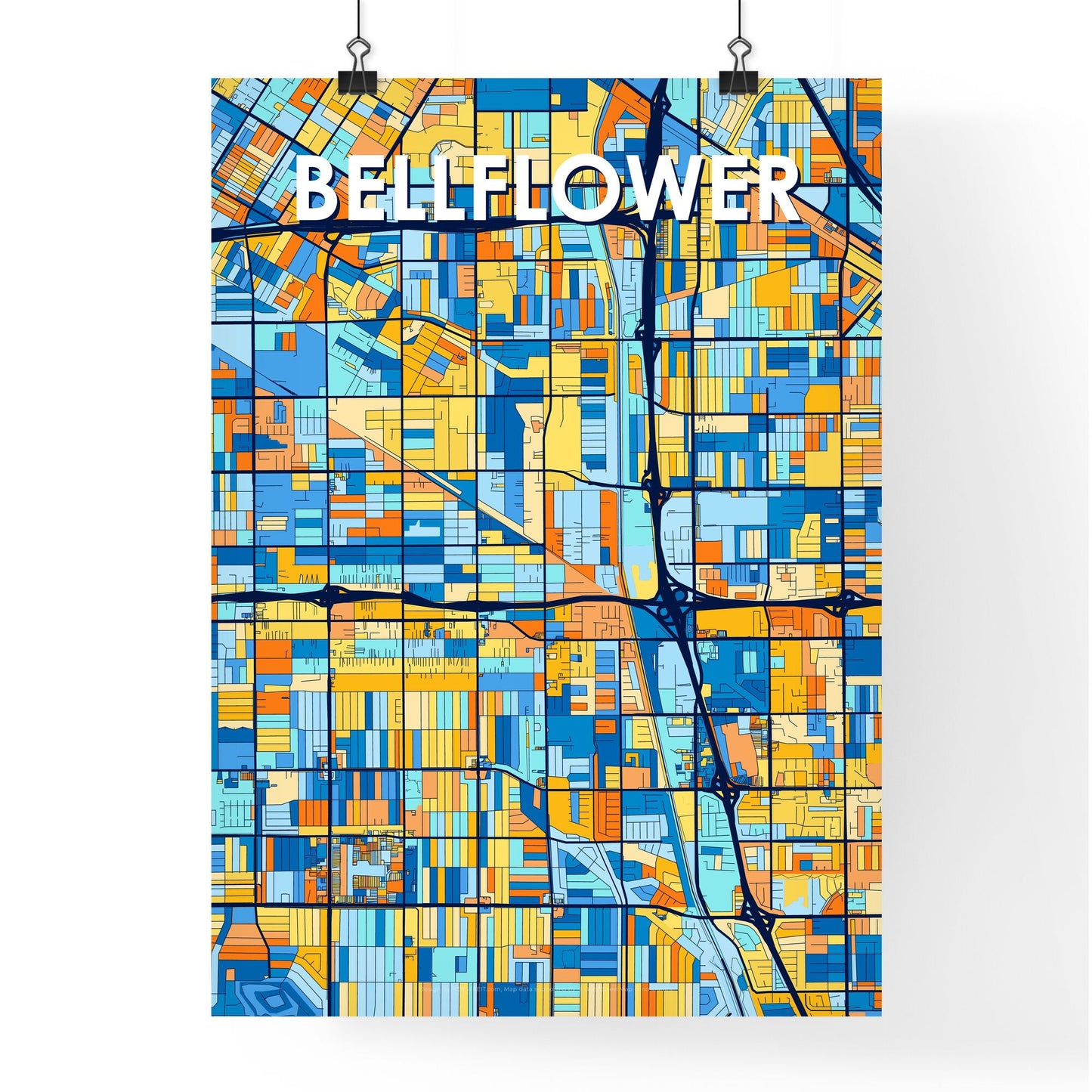 BELLFLOWER CALIFORNIA Vibrant Colorful Art Map Poster Blue Orange