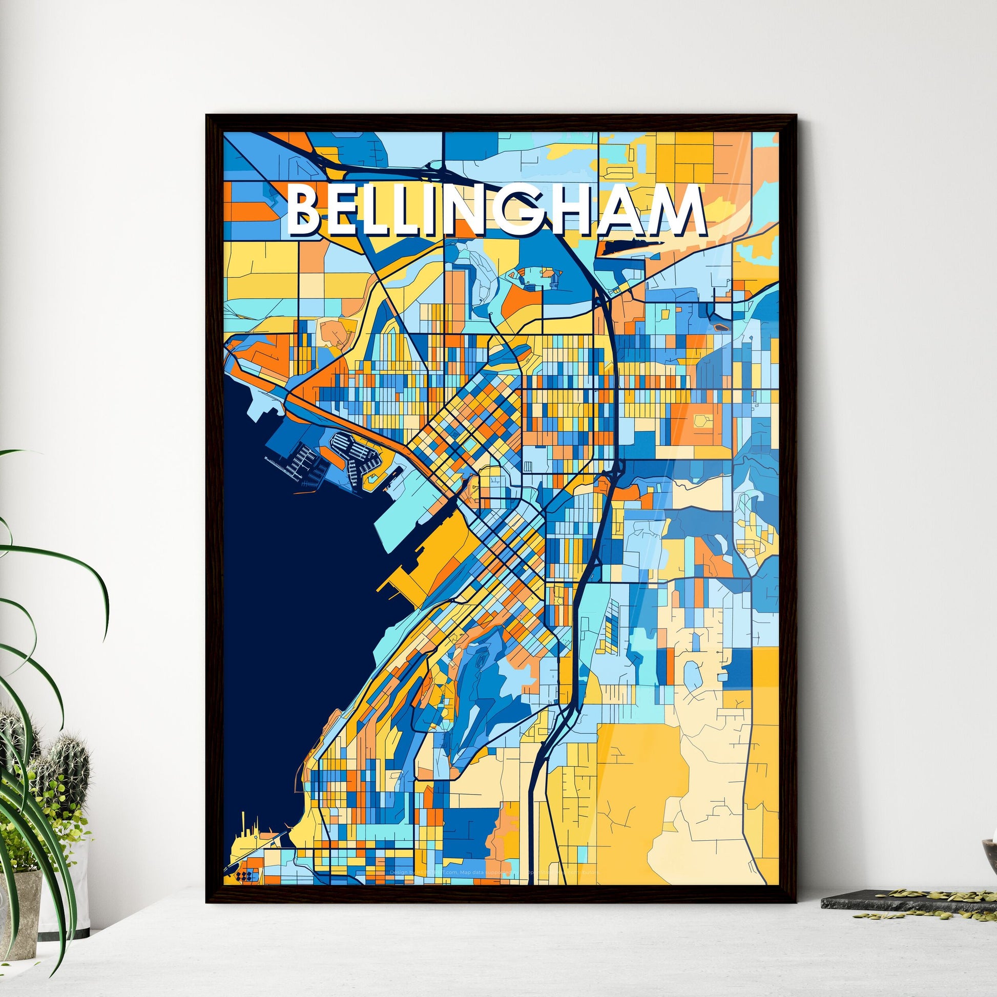 BELLINGHAM WASHINGTON Vibrant Colorful Art Map Poster Blue Orange