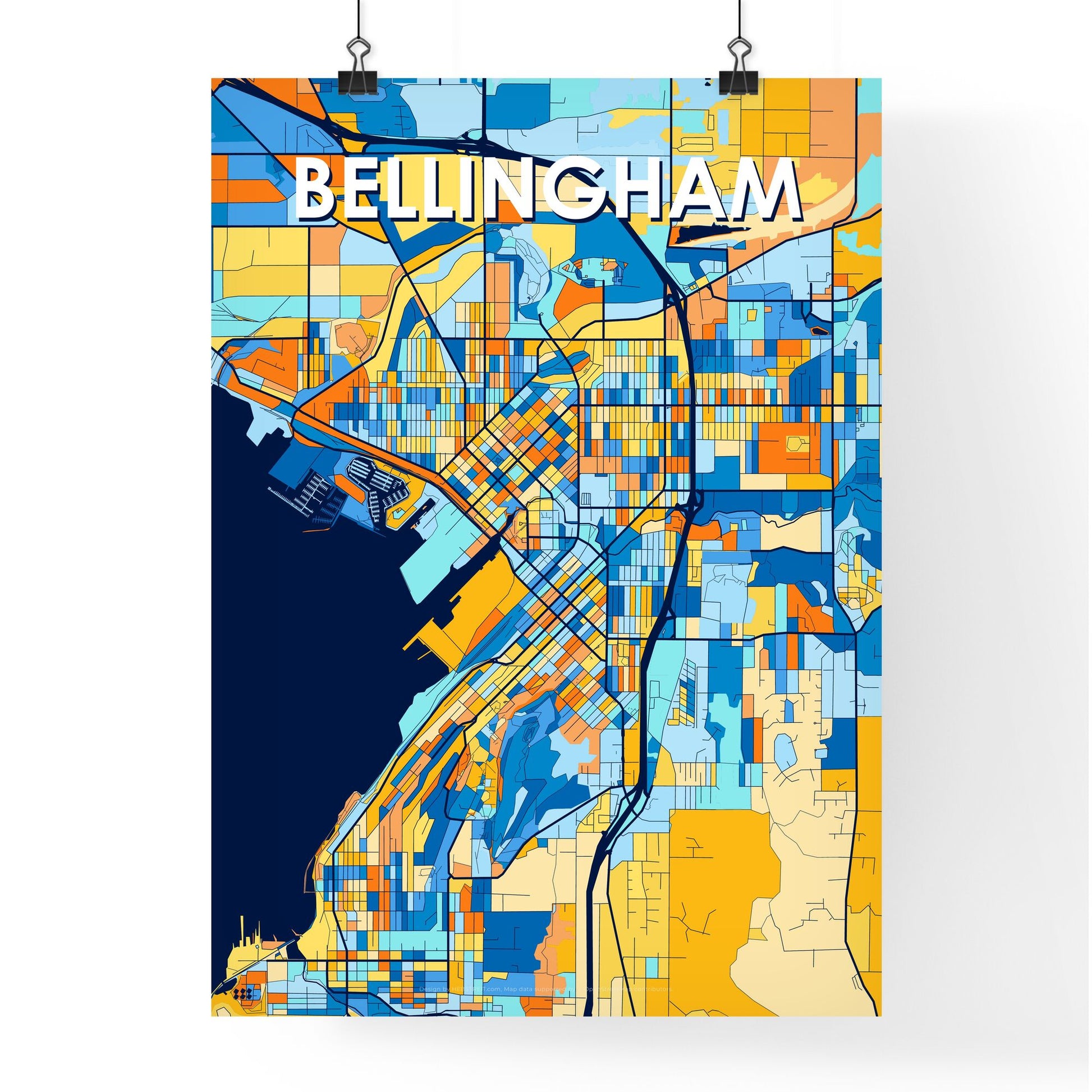 BELLINGHAM WASHINGTON Vibrant Colorful Art Map Poster Blue Orange