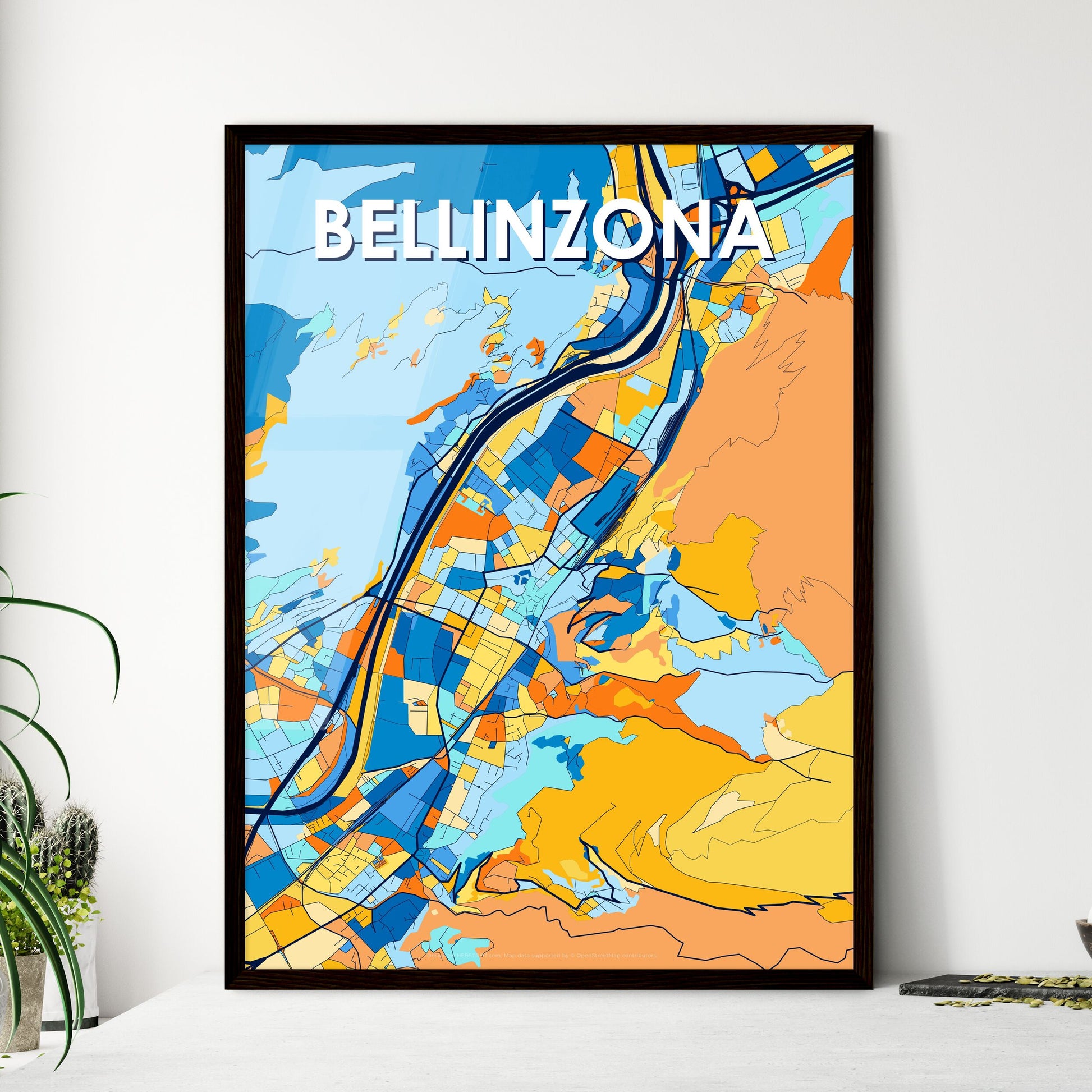 BELLINZONA SWITZERLAND Vibrant Colorful Art Map Poster Blue Orange