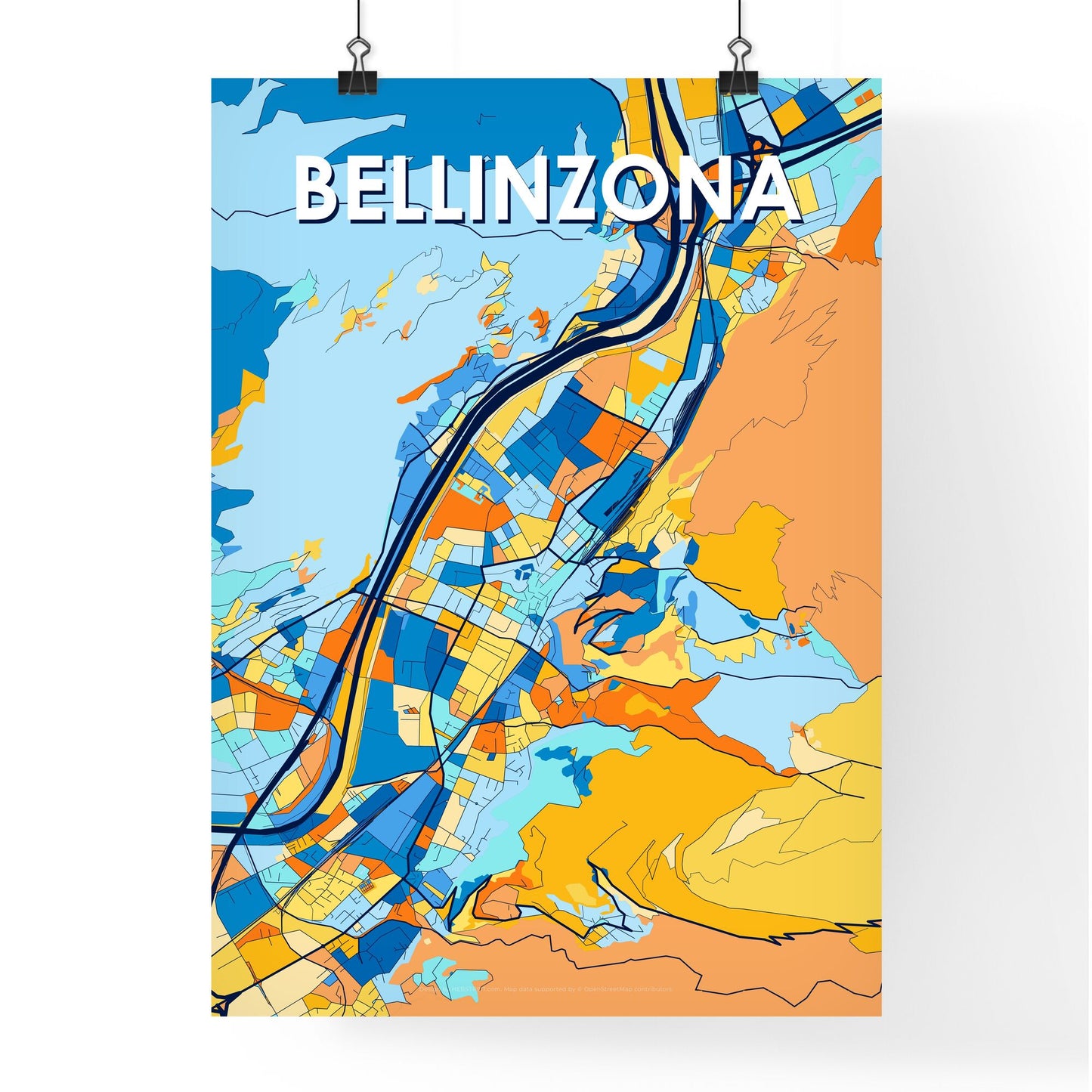 BELLINZONA SWITZERLAND Vibrant Colorful Art Map Poster Blue Orange