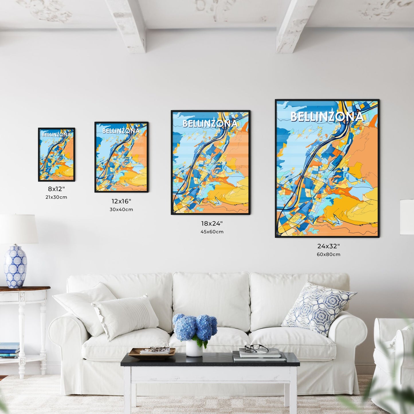 BELLINZONA SWITZERLAND Vibrant Colorful Art Map Poster Blue Orange