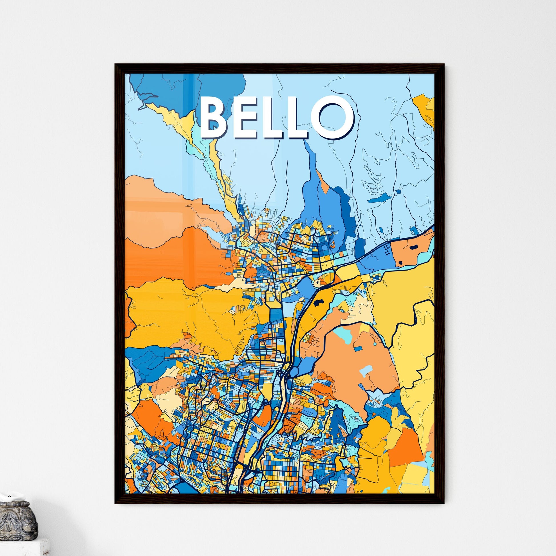 BELLO COLOMBIA Vibrant Colorful Art Map Poster Blue Orange