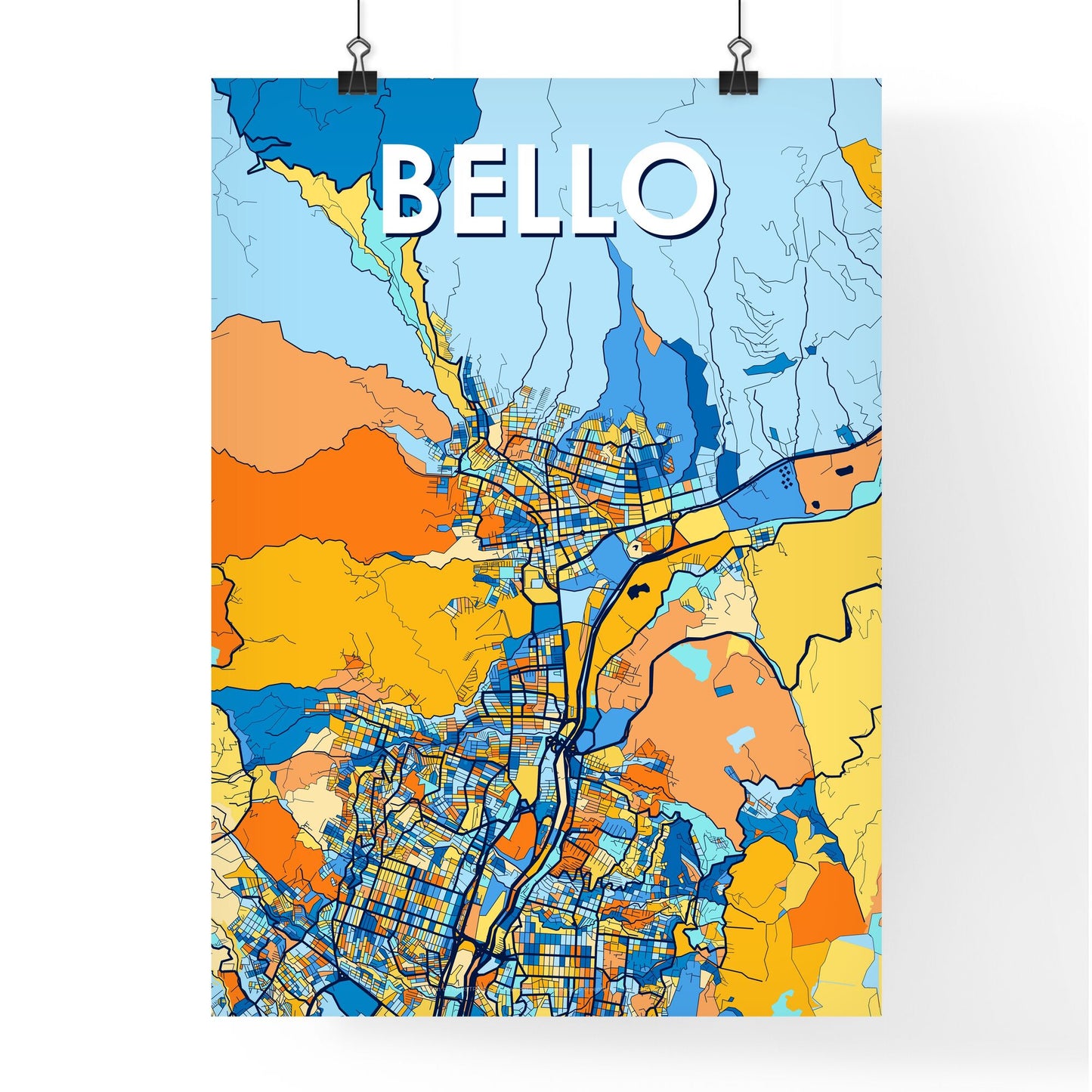 BELLO COLOMBIA Vibrant Colorful Art Map Poster Blue Orange