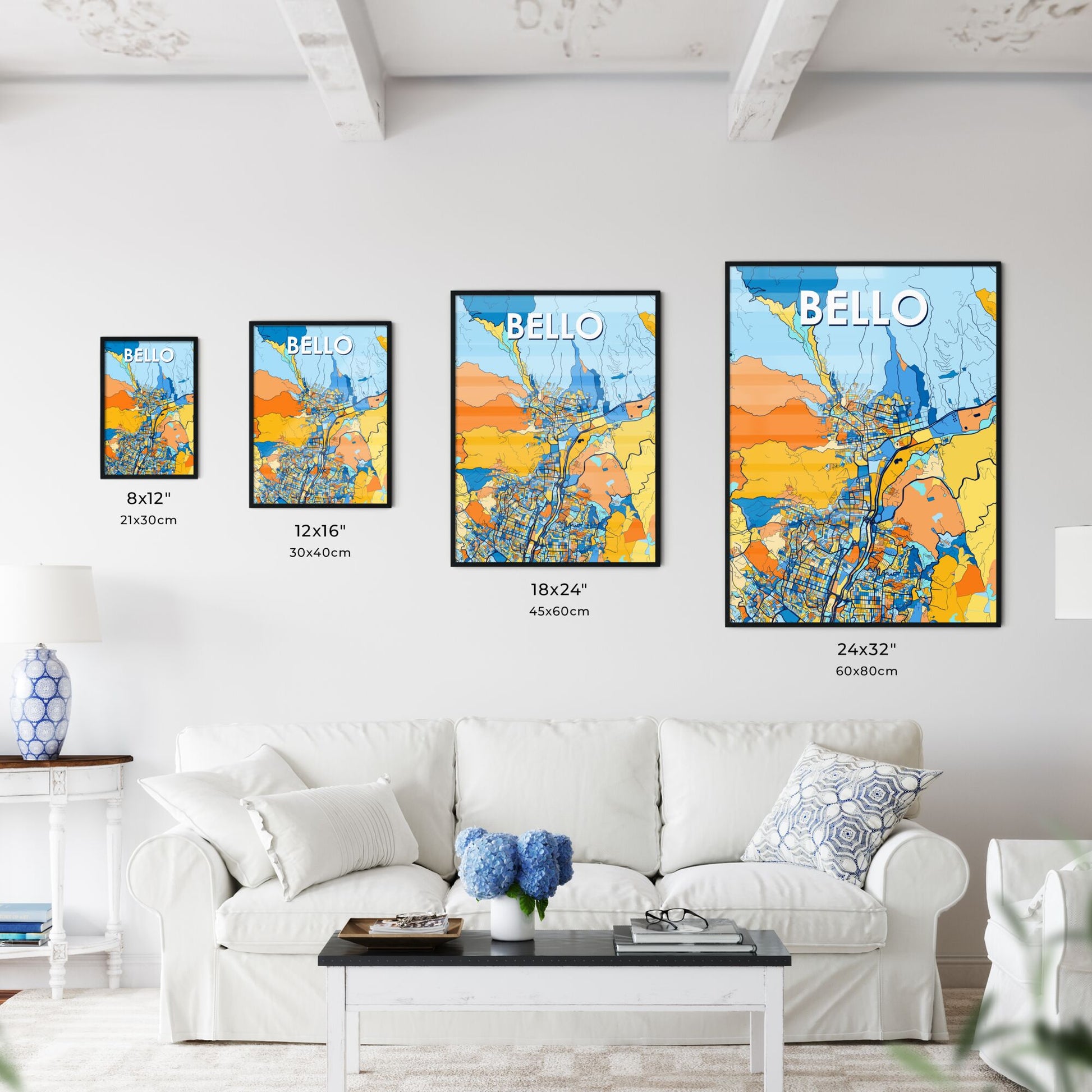 BELLO COLOMBIA Vibrant Colorful Art Map Poster Blue Orange