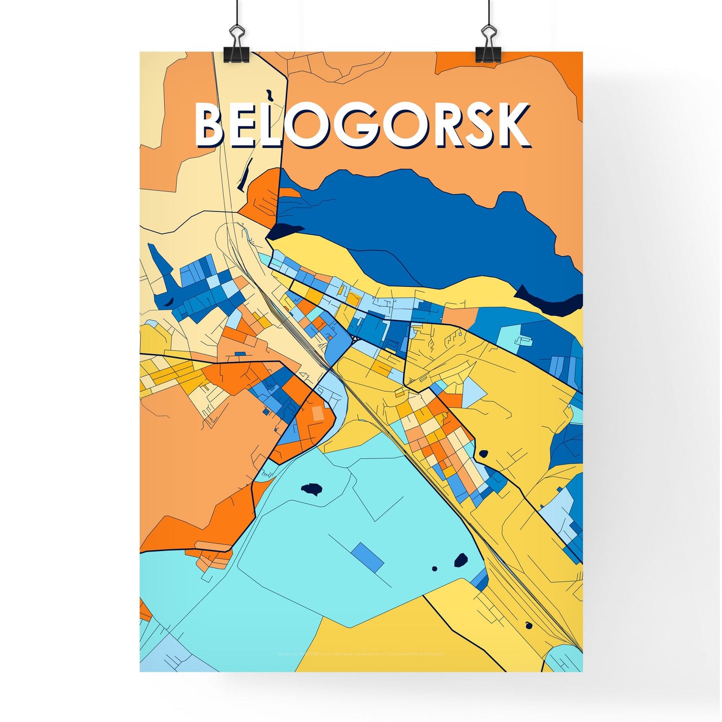 BELOGORSK RUSSIA Vibrant Colorful Art Map Poster Blue Orange