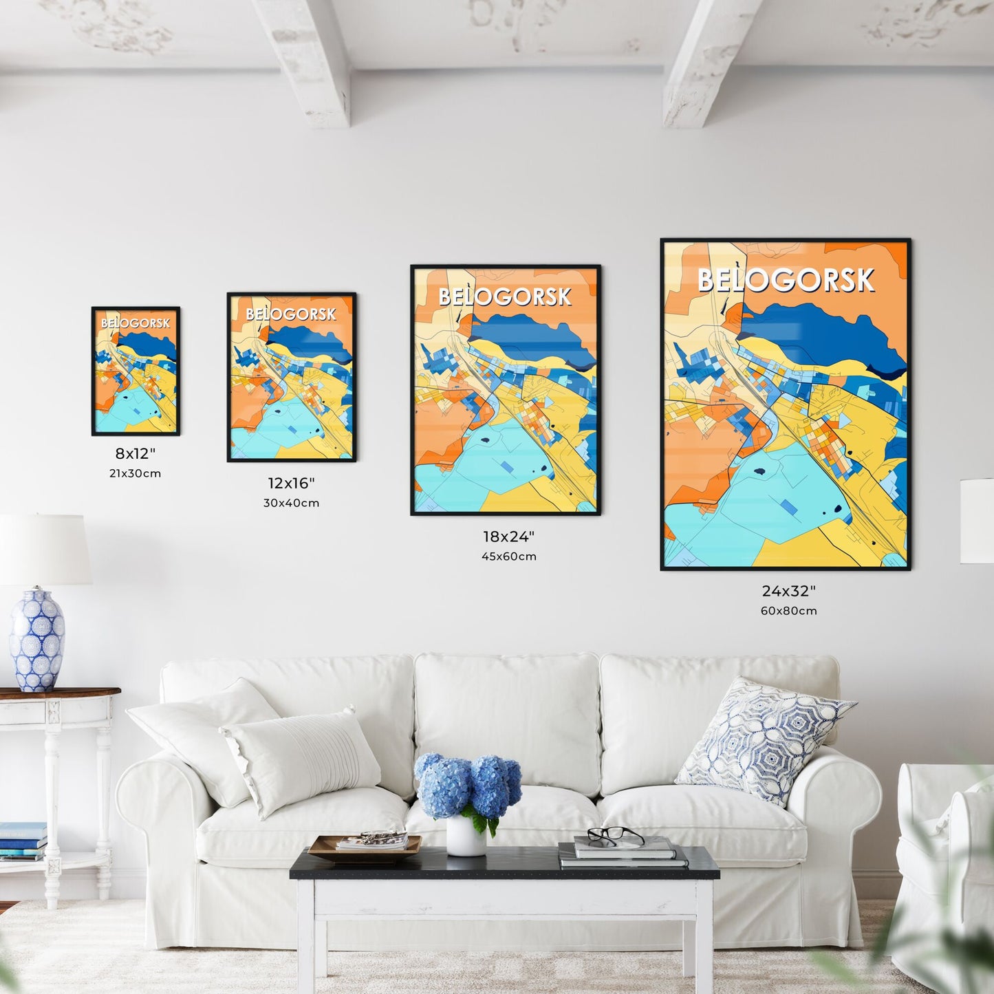 BELOGORSK RUSSIA Vibrant Colorful Art Map Poster Blue Orange