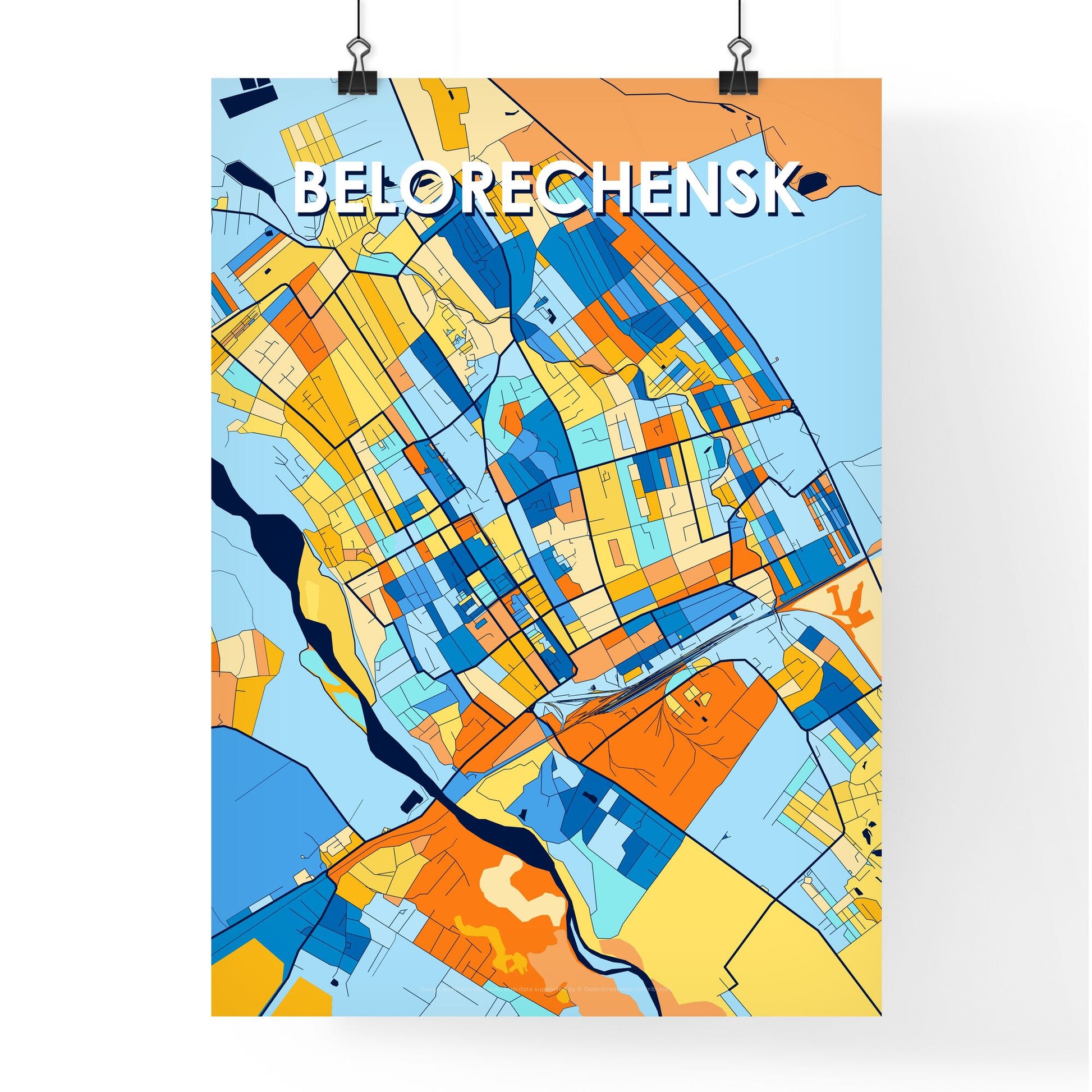 BELORECHENSK RUSSIA Vibrant Colorful Art Map Poster Blue Orange