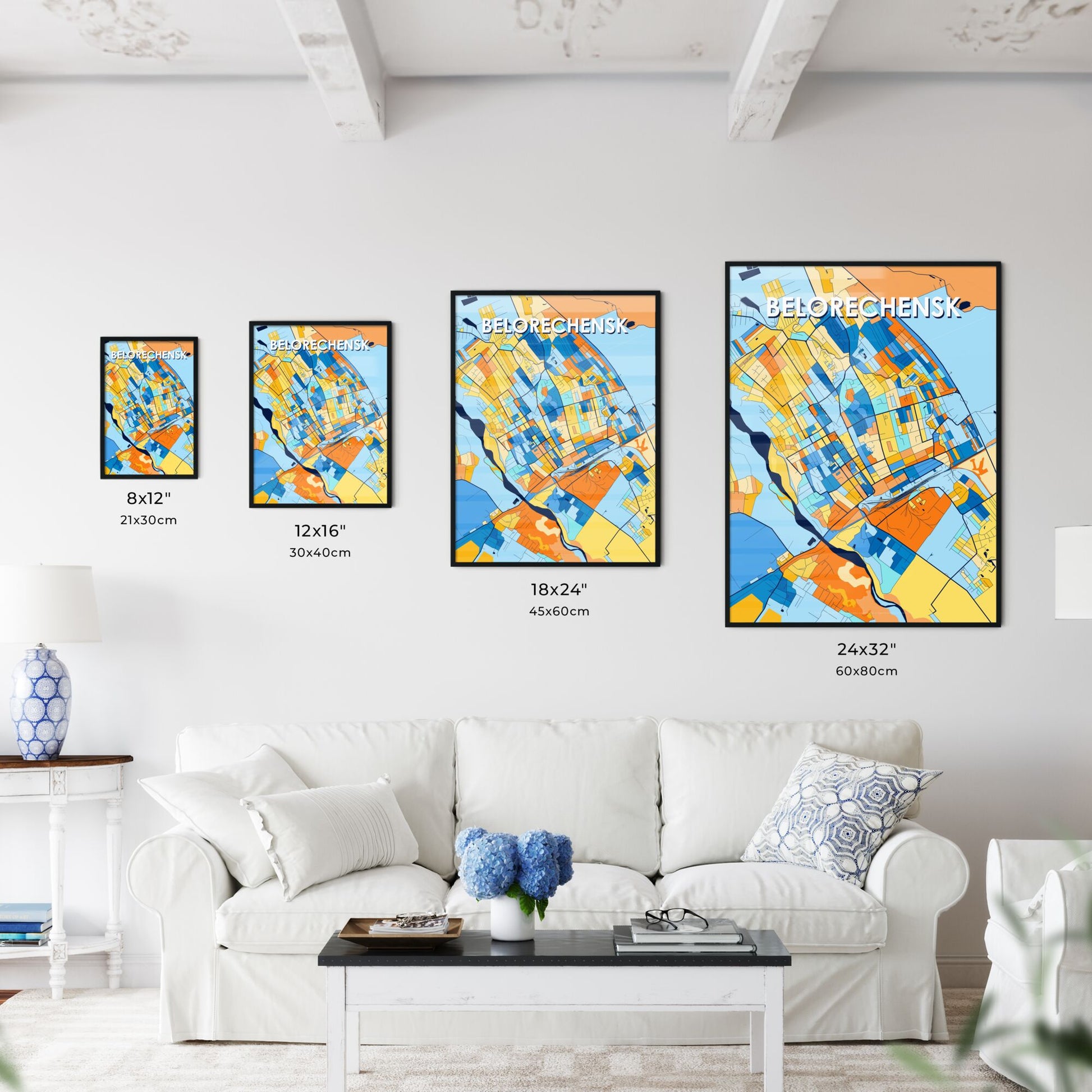 BELORECHENSK RUSSIA Vibrant Colorful Art Map Poster Blue Orange