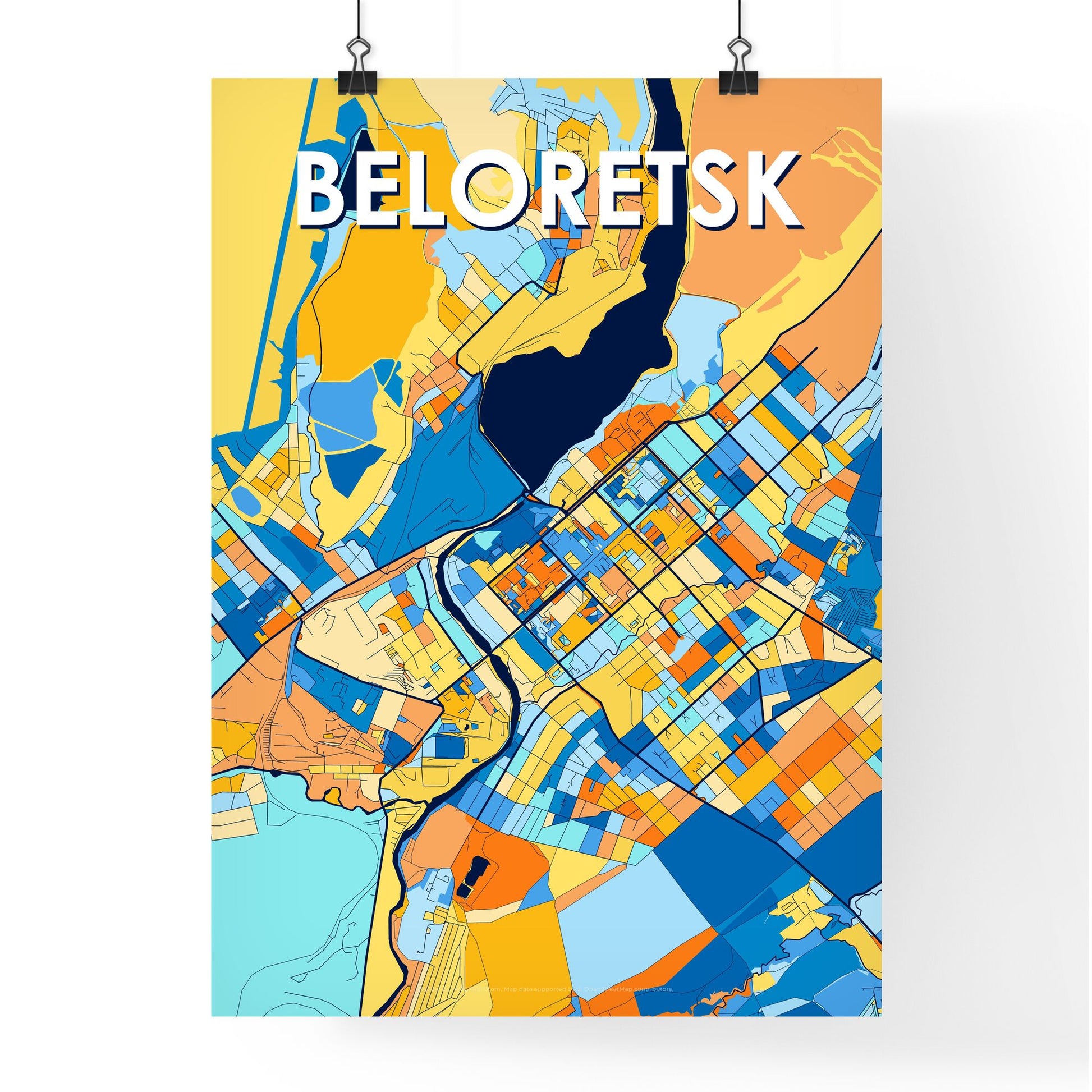 BELORETSK RUSSIA Vibrant Colorful Art Map Poster Blue Orange