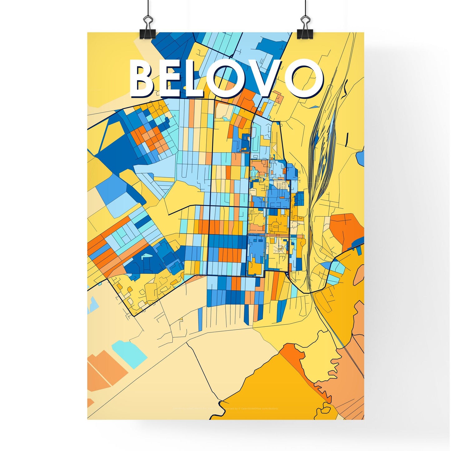 BELOVO RUSSIA Vibrant Colorful Art Map Poster Blue Orange