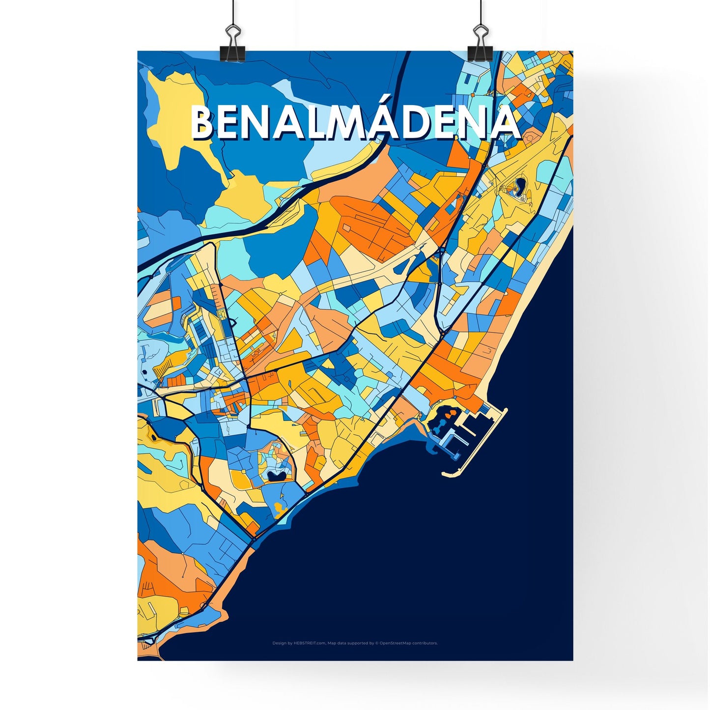 BENALMÁDENA SPAIN Vibrant Colorful Art Map Poster Blue Orange