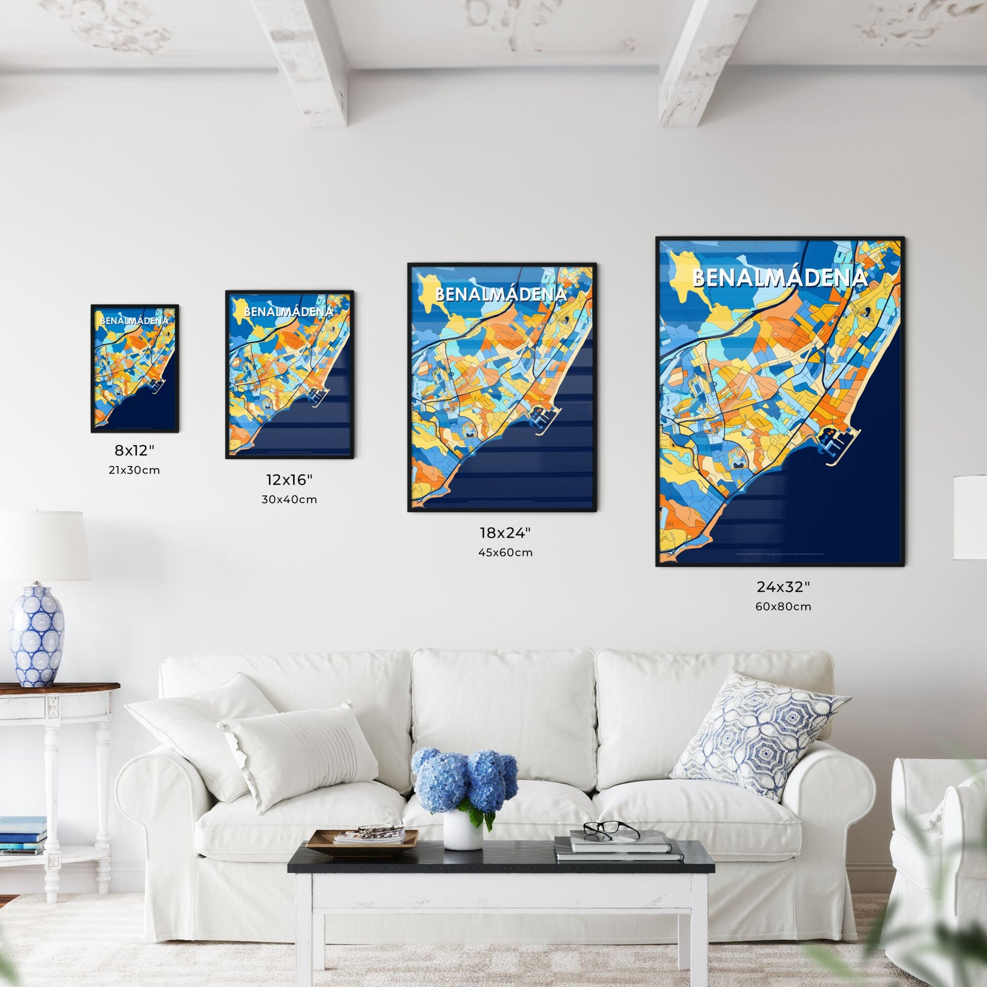 BENALMÁDENA SPAIN Vibrant Colorful Art Map Poster Blue Orange