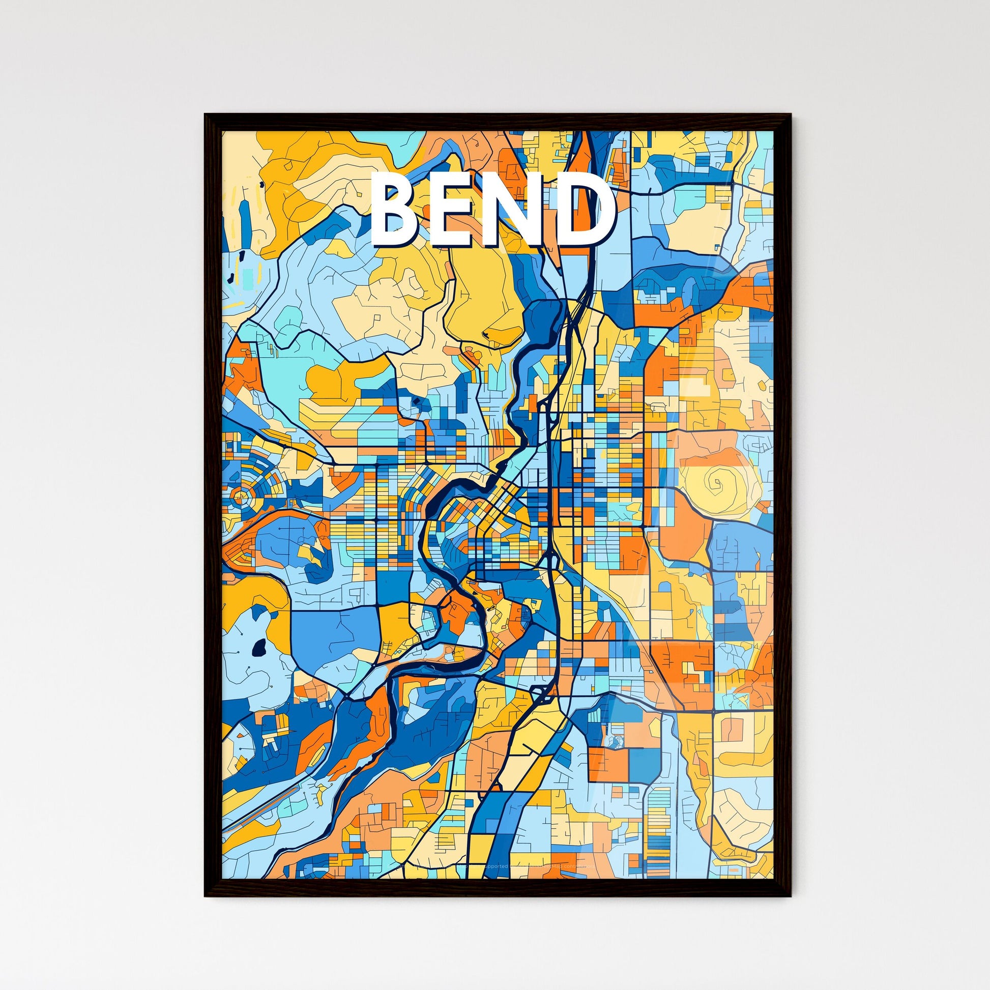 BEND OREGON Vibrant Colorful Art Map Poster Blue Orange