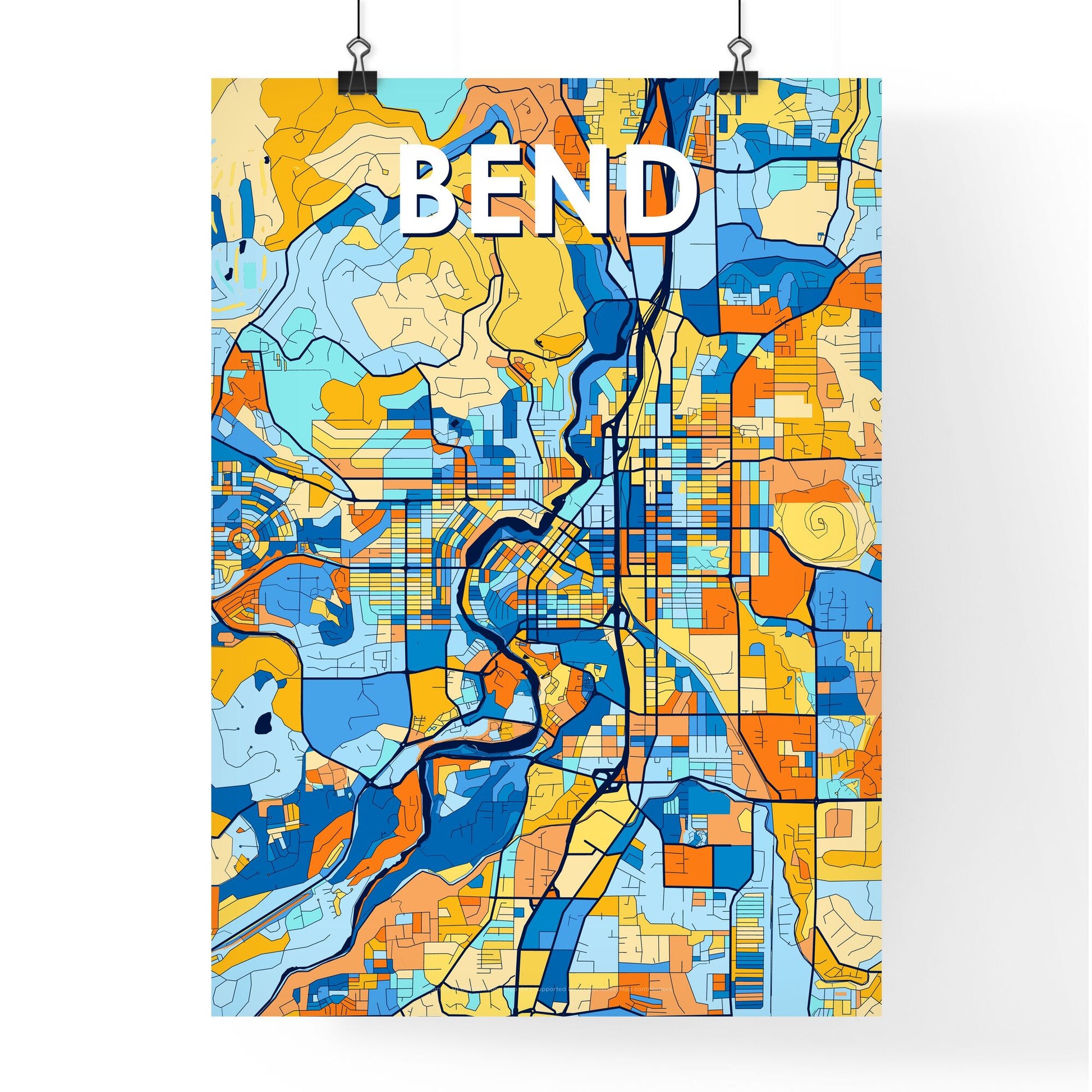 BEND OREGON Vibrant Colorful Art Map Poster Blue Orange