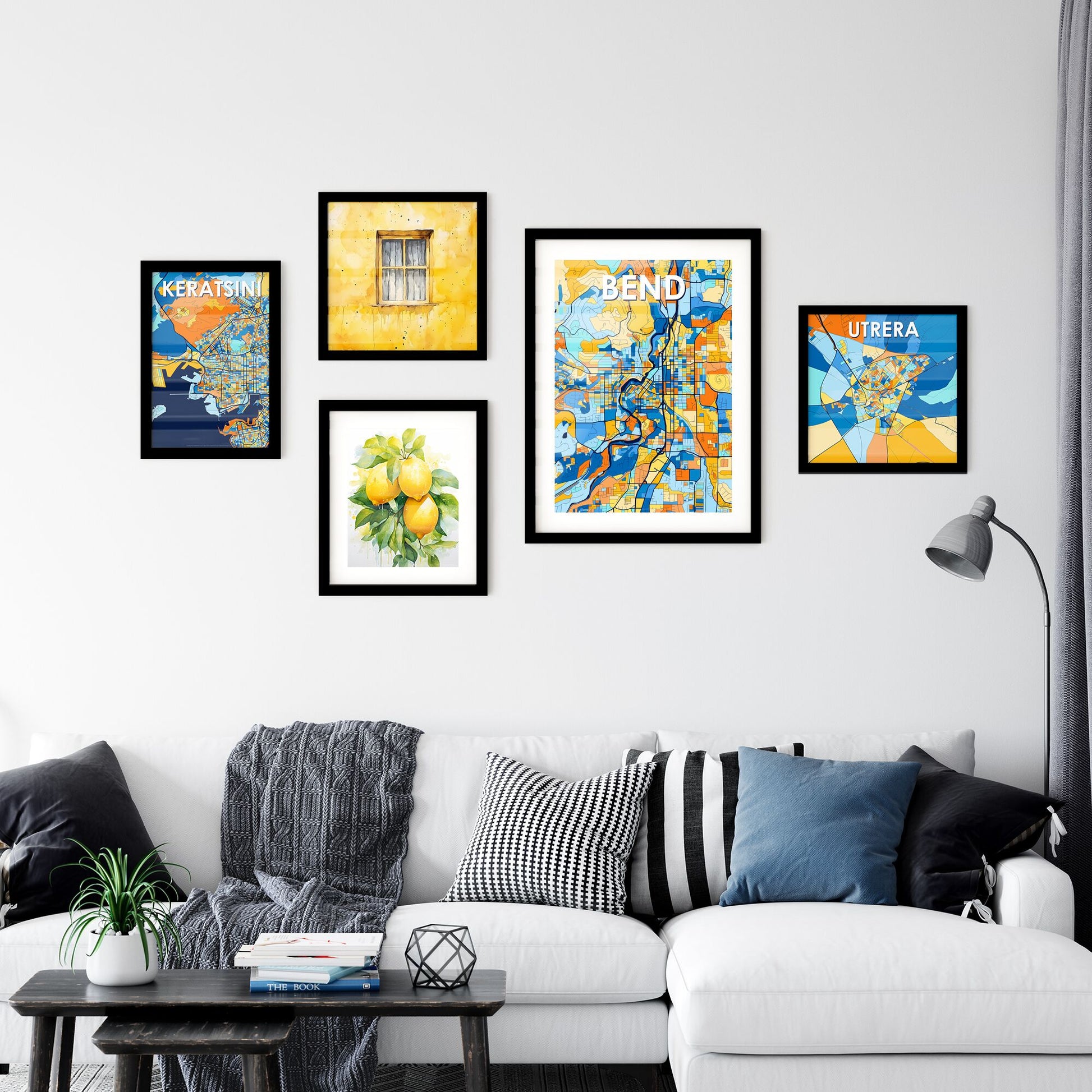 BEND OREGON Vibrant Colorful Art Map Poster Blue Orange