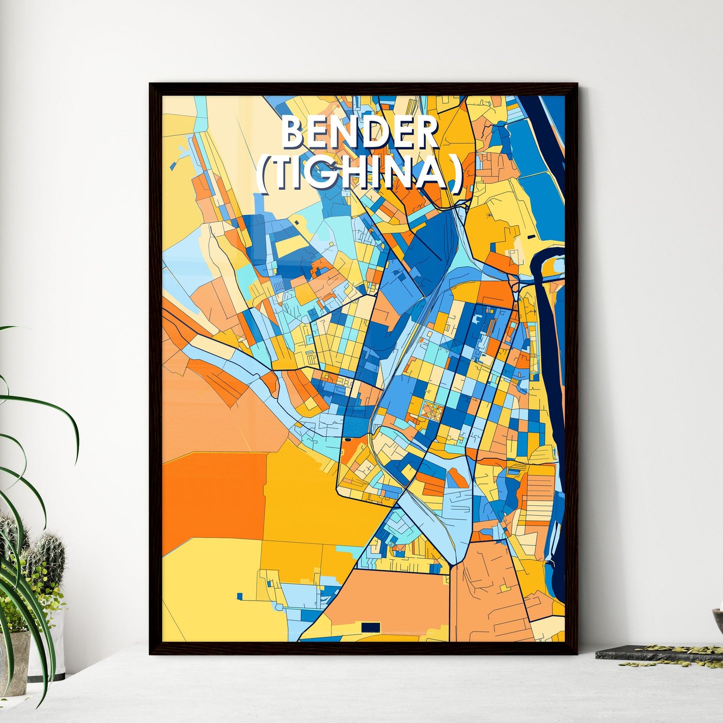 BENDER (TIGHINA) MOLDOVA Vibrant Colorful Art Map Poster Blue Orange