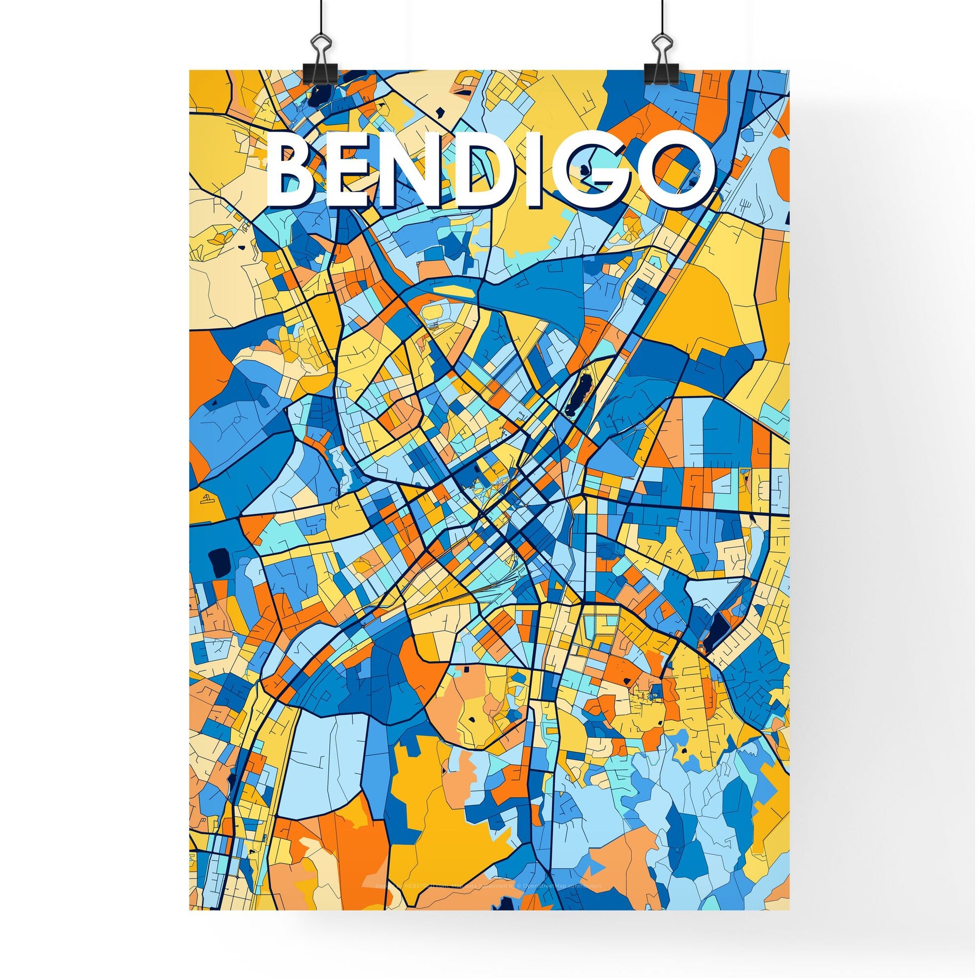 BENDIGO AUSTRALIA Vibrant Colorful Art Map Poster Blue Orange