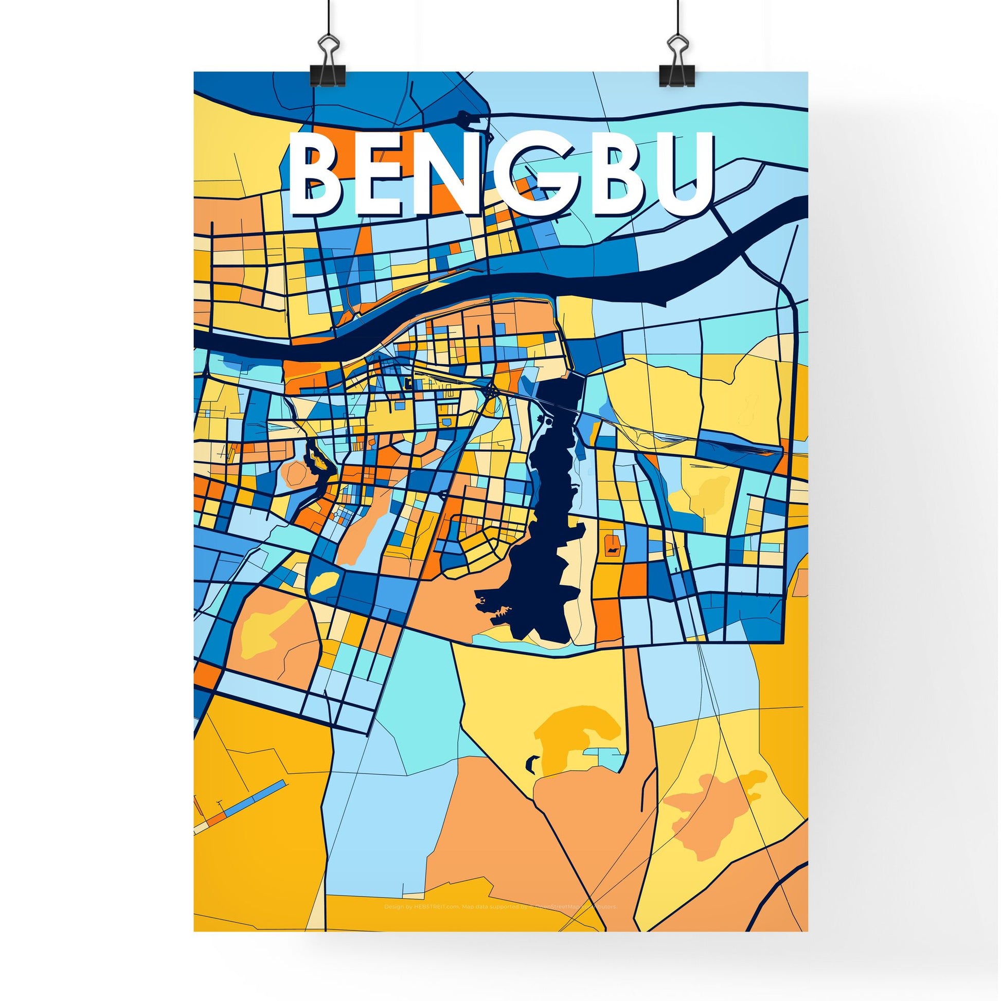 BENGBU CHINA Vibrant Colorful Art Map Poster Blue Orange