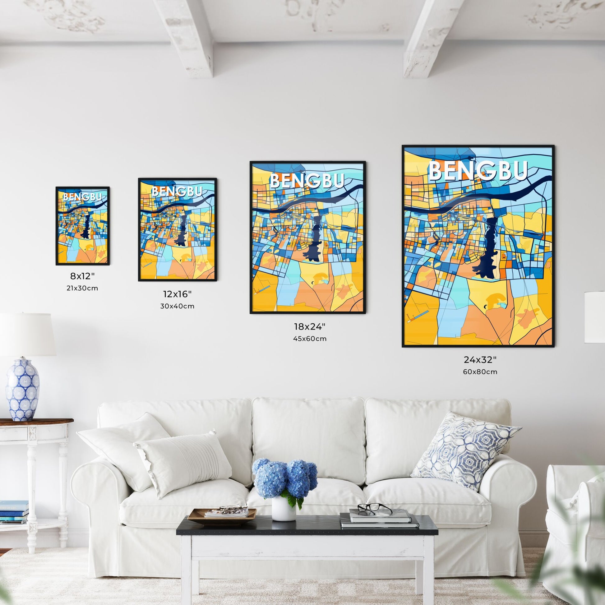 BENGBU CHINA Vibrant Colorful Art Map Poster Blue Orange