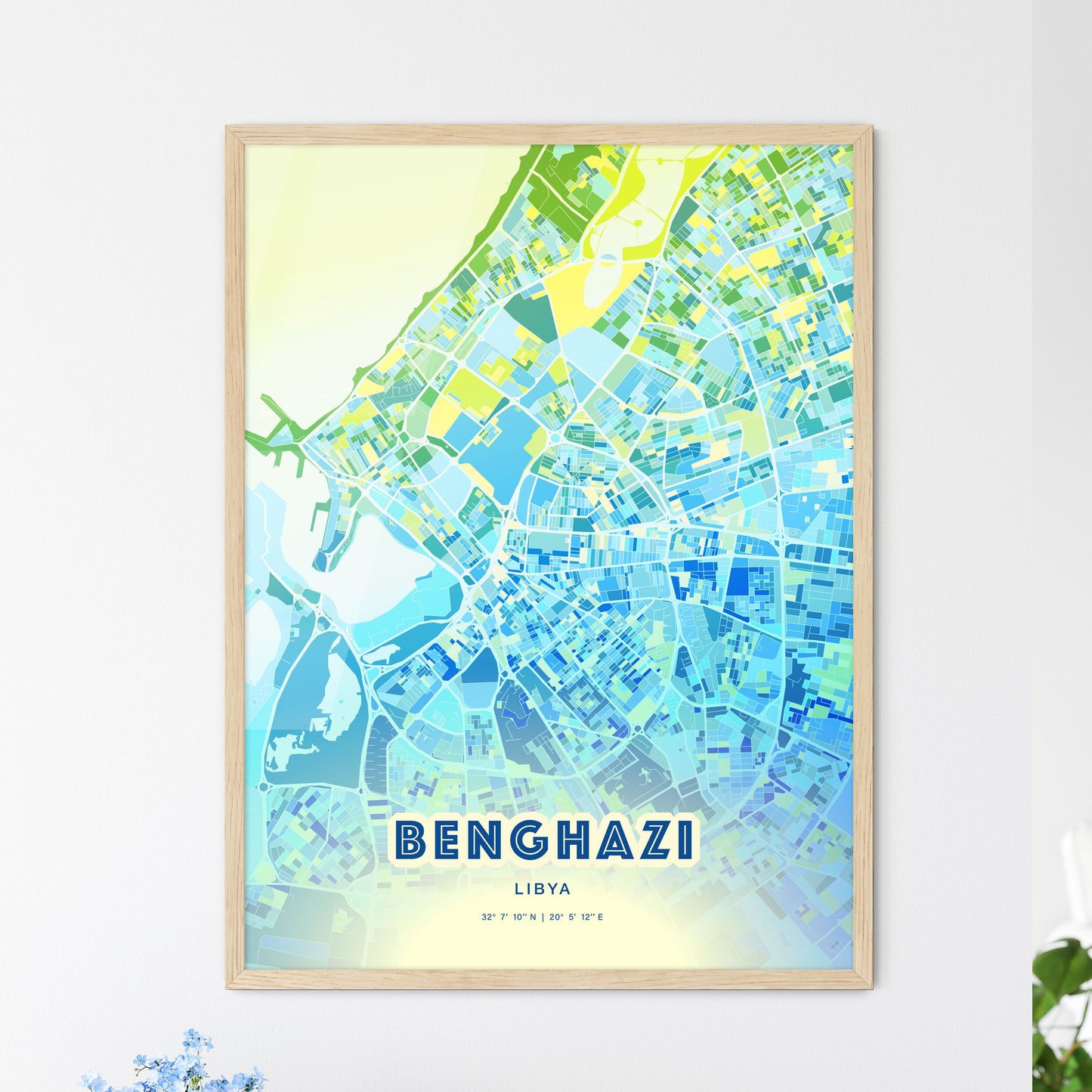 Colorful Benghazi Libya Fine Art Map Cool Blue