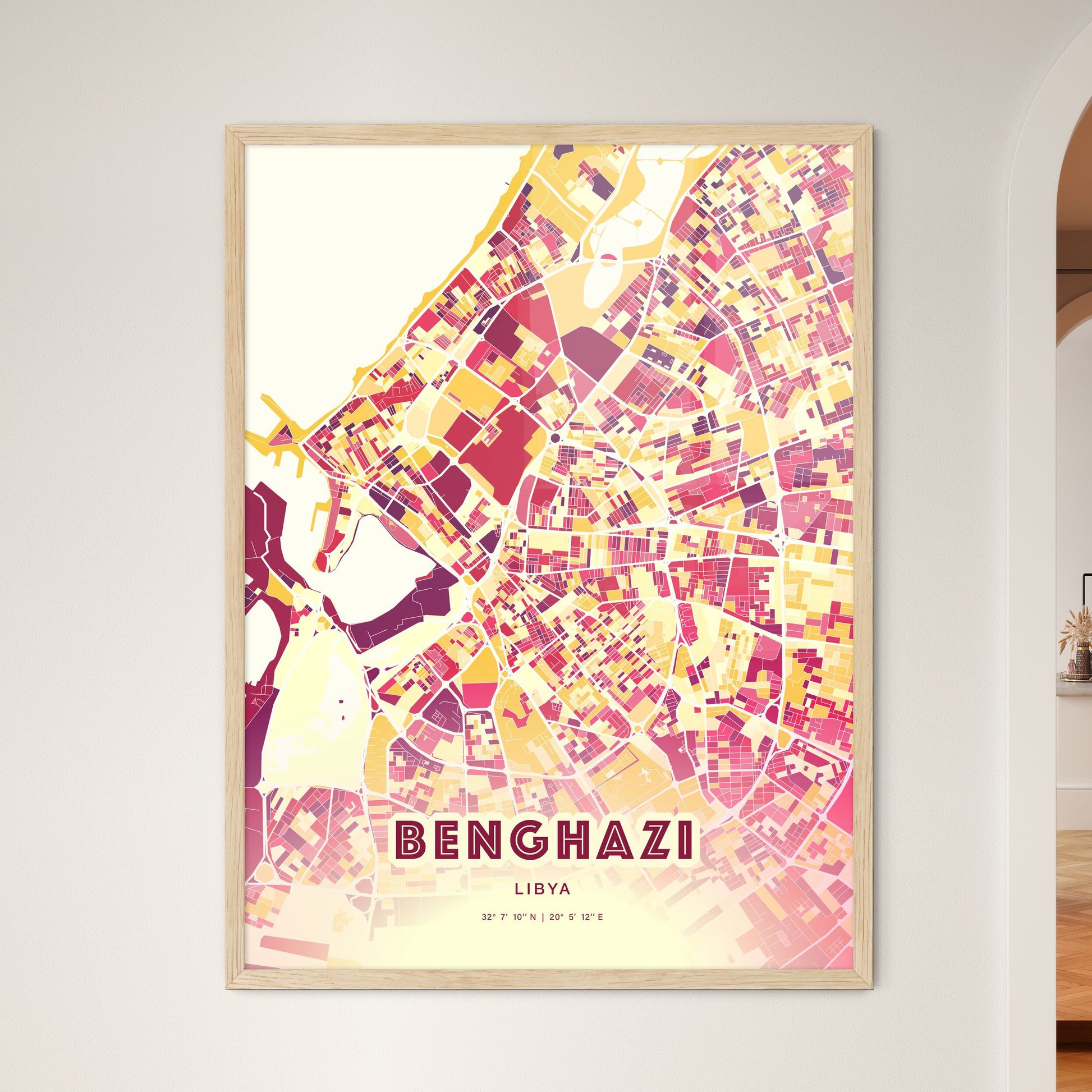 Colorful Benghazi Libya Fine Art Map Hot Red