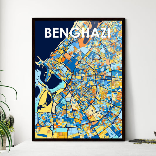 BENGHAZI LIBYA Vibrant Colorful Art Map Poster Blue Orange