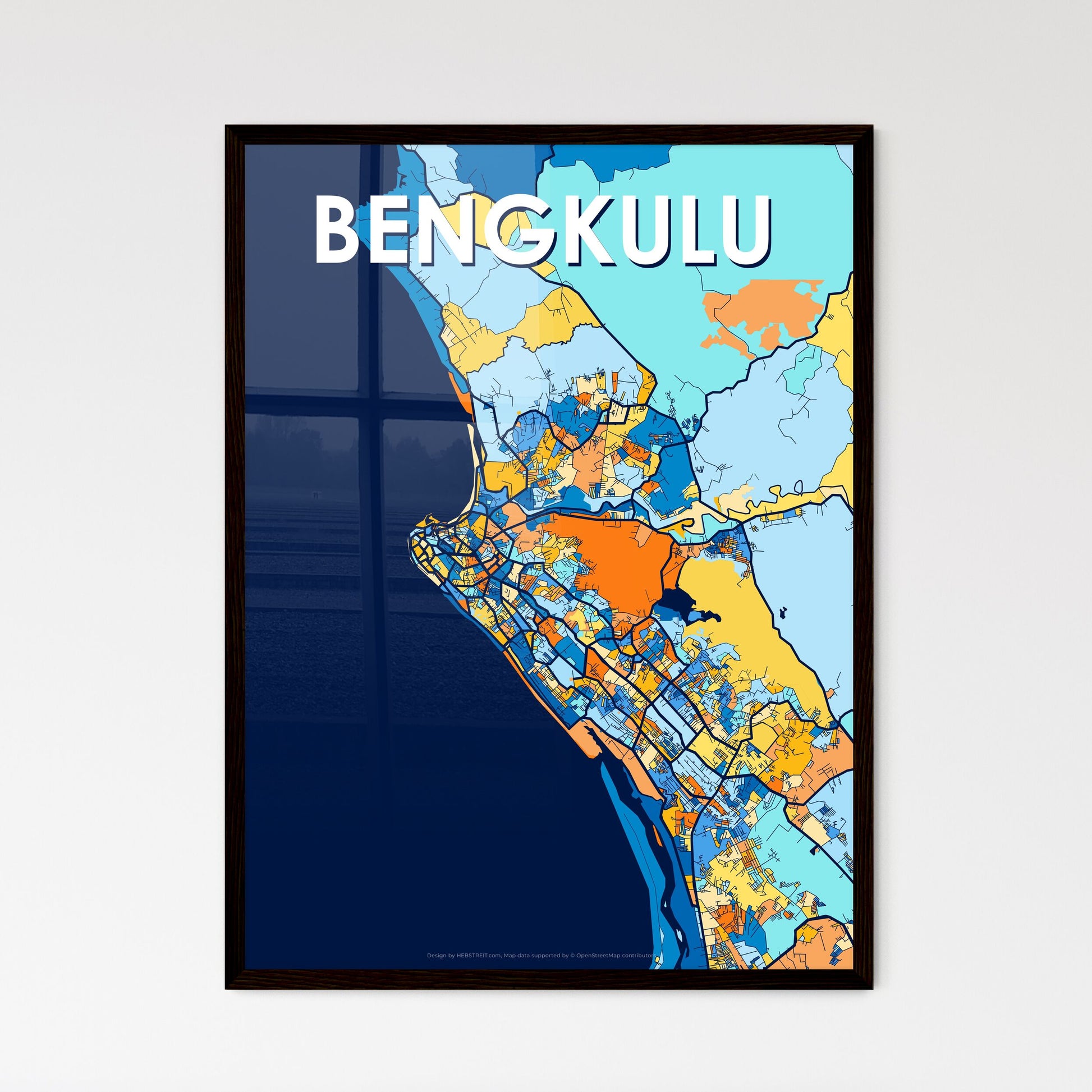 BENGKULU INDONESIA Vibrant Colorful Art Map Poster Blue Orange