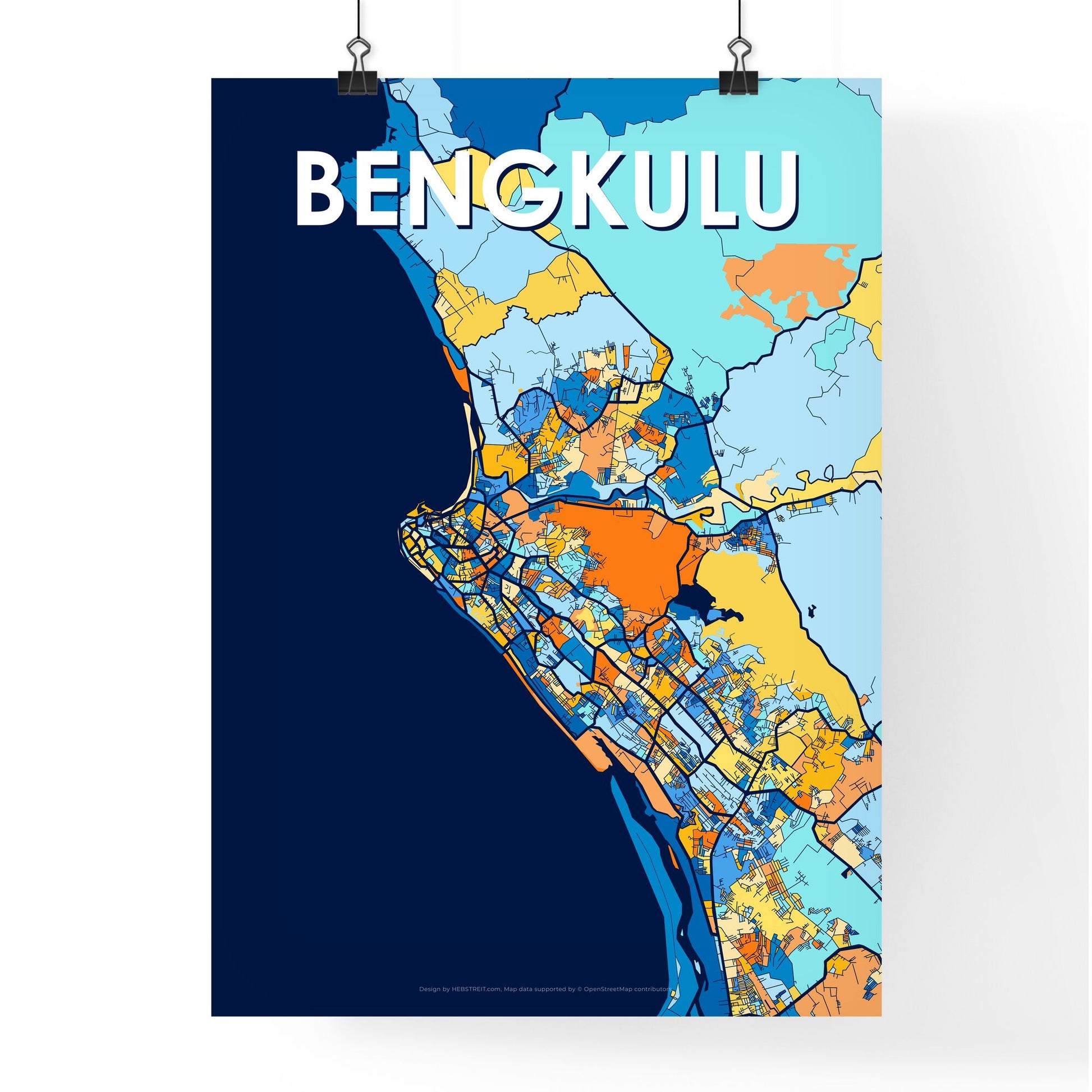 BENGKULU INDONESIA Vibrant Colorful Art Map Poster Blue Orange