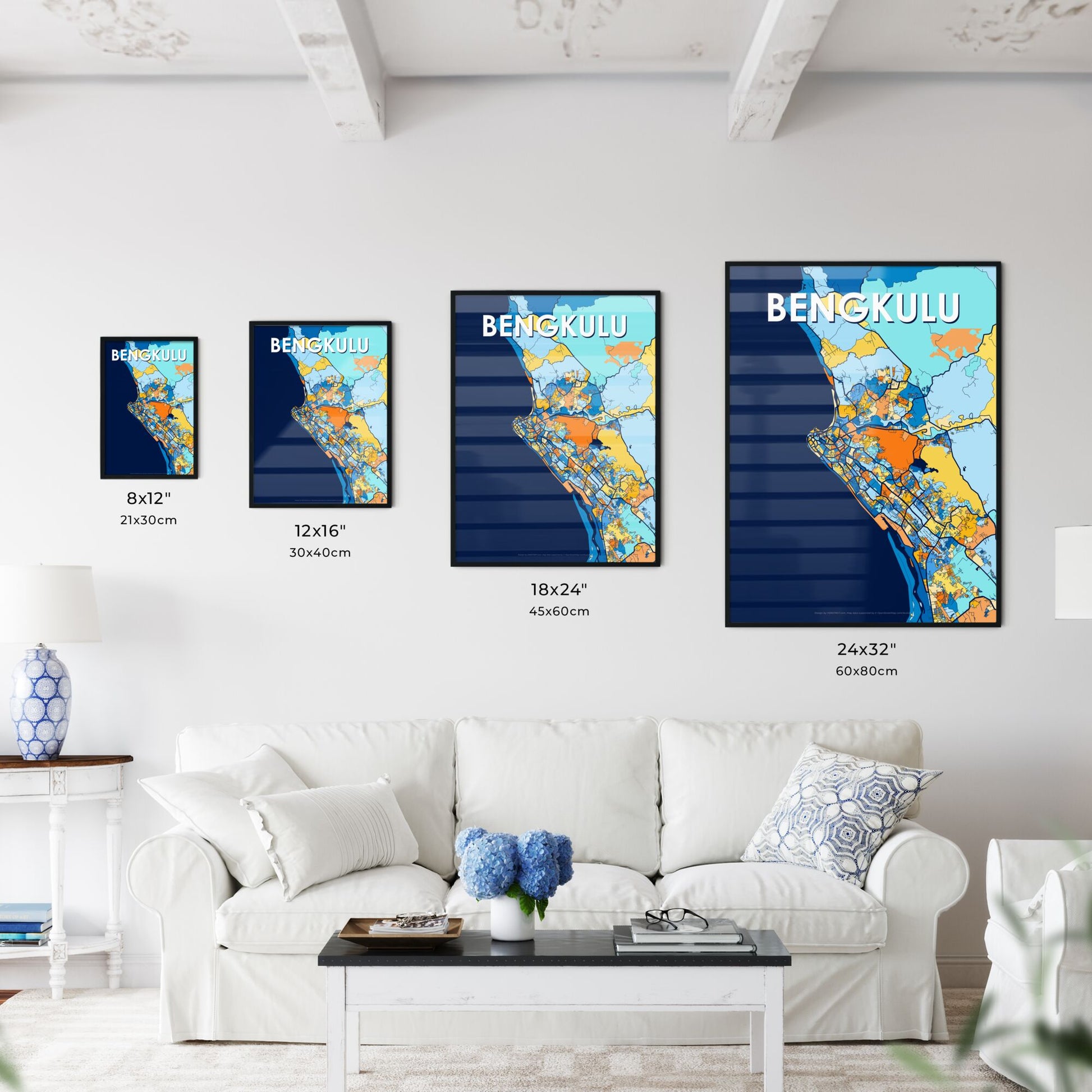 BENGKULU INDONESIA Vibrant Colorful Art Map Poster Blue Orange