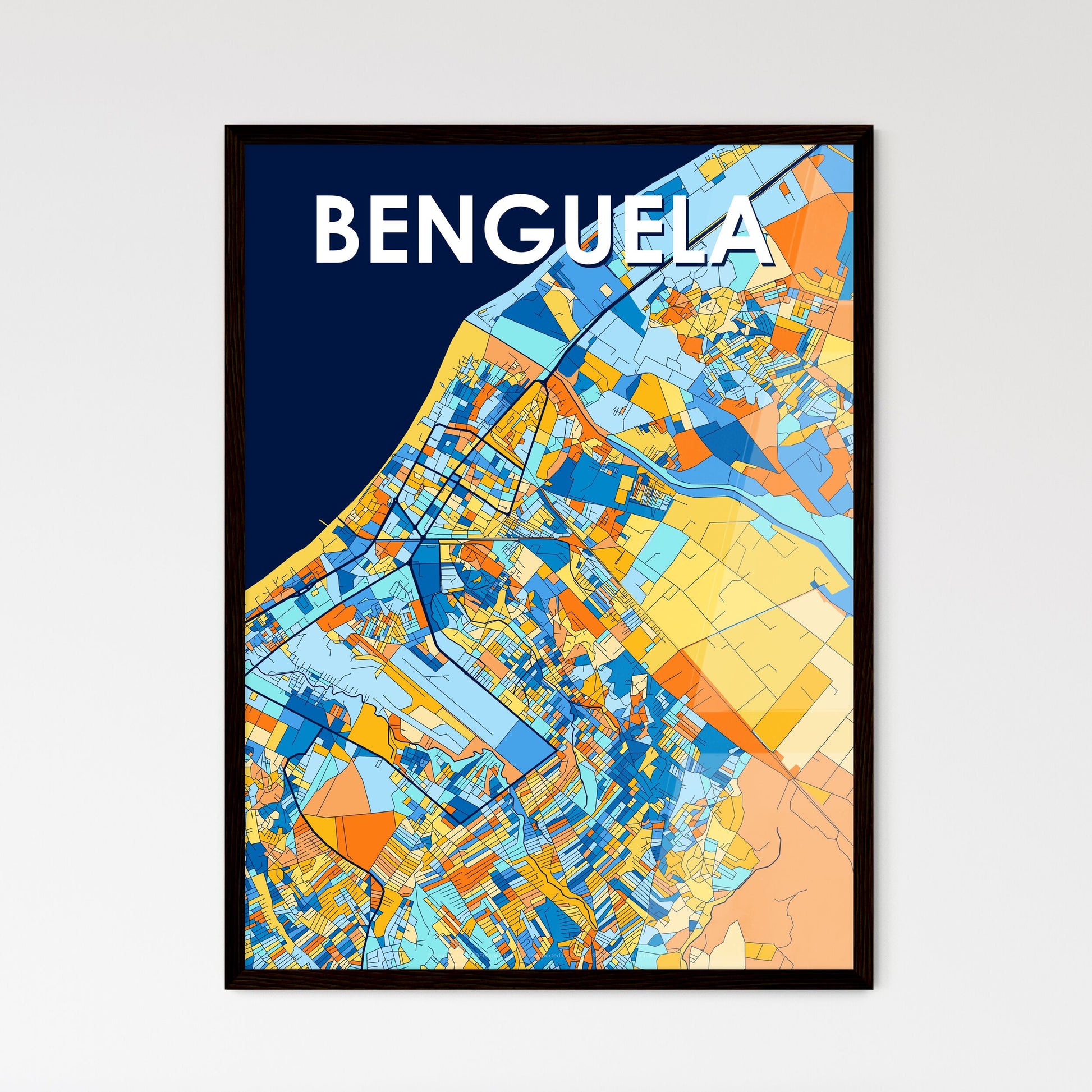 BENGUELA ANGOLA Vibrant Colorful Art Map Poster Blue Orange