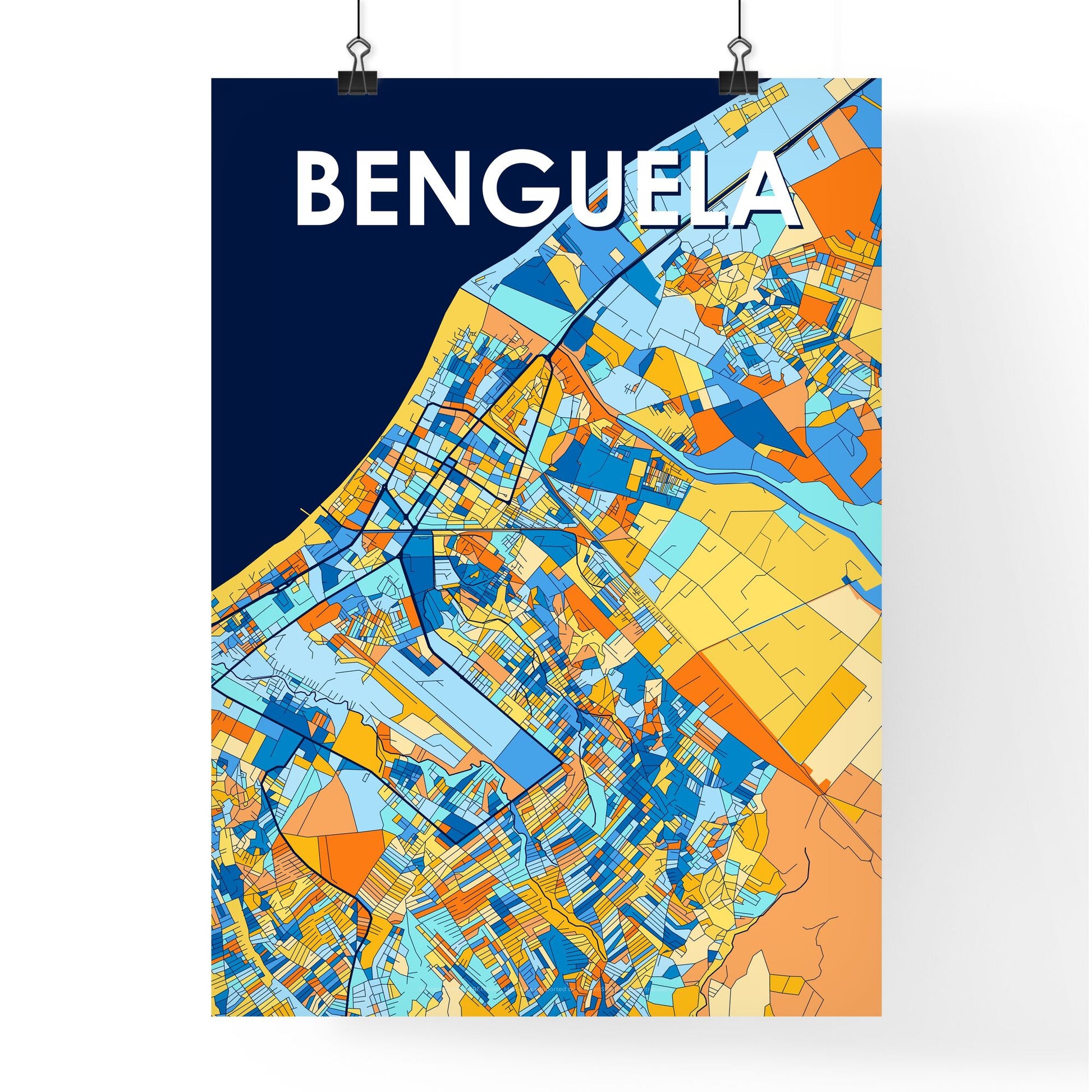 BENGUELA ANGOLA Vibrant Colorful Art Map Poster Blue Orange