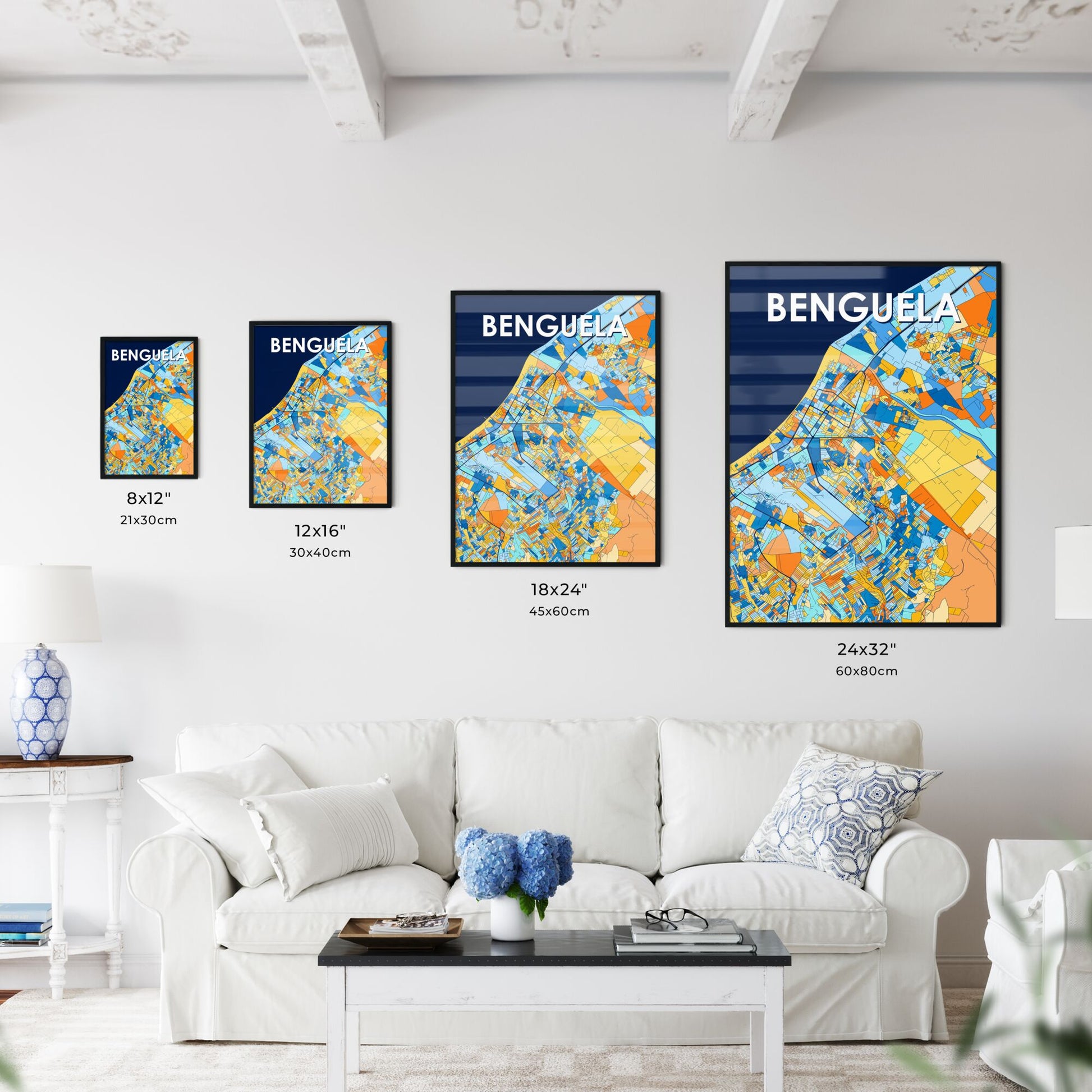 BENGUELA ANGOLA Vibrant Colorful Art Map Poster Blue Orange