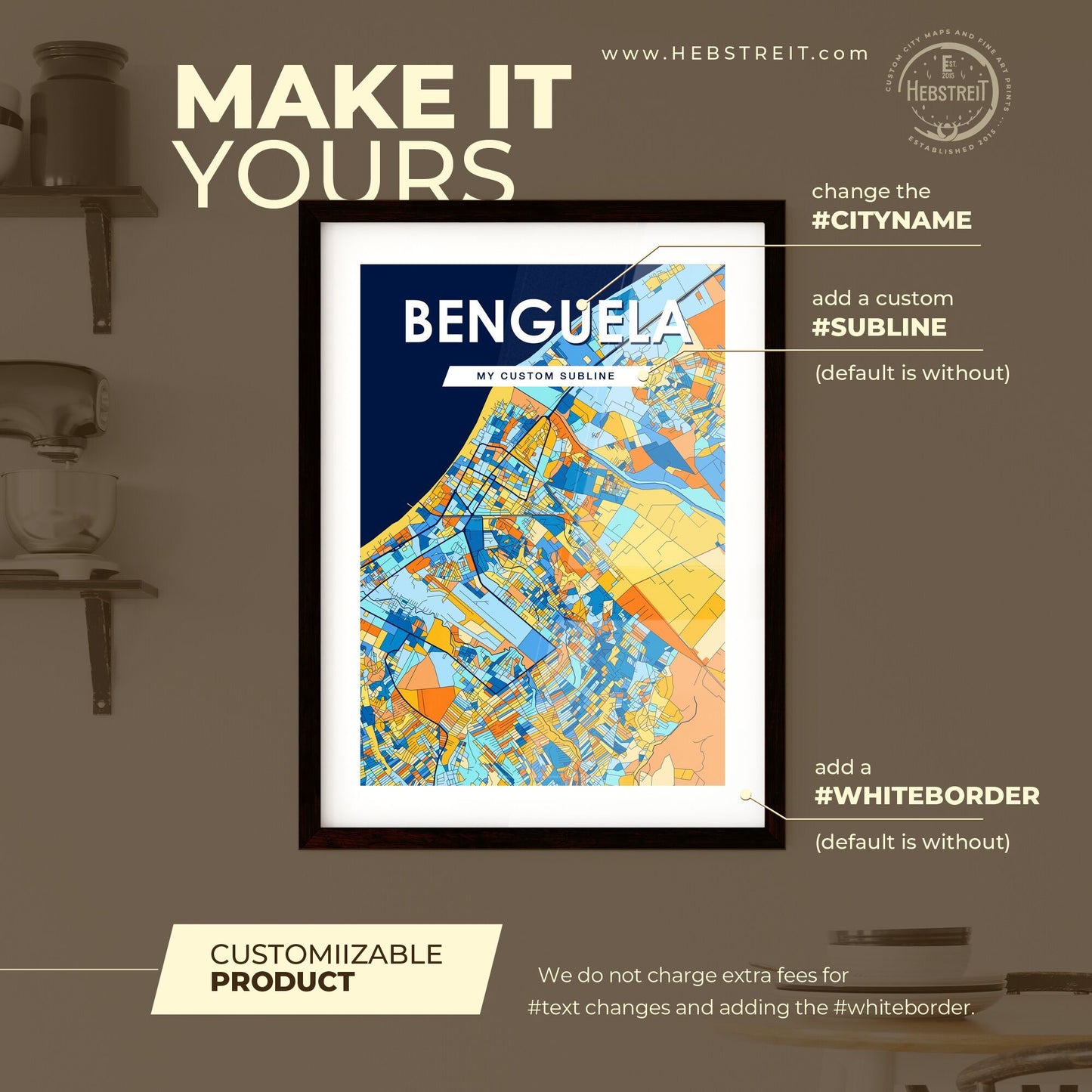 BENGUELA ANGOLA Vibrant Colorful Art Map Poster Blue Orange