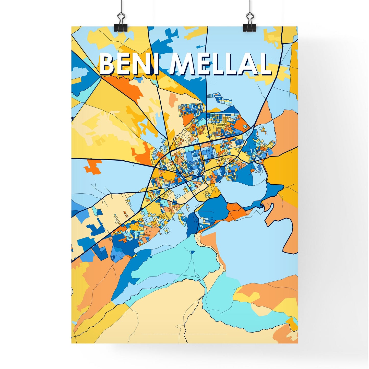 BENI MELLAL MOROCCO Vibrant Colorful Art Map Poster Blue Orange