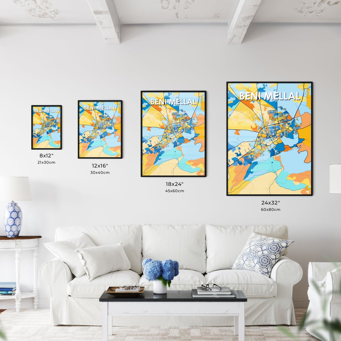 BENI MELLAL MOROCCO Vibrant Colorful Art Map Poster Blue Orange