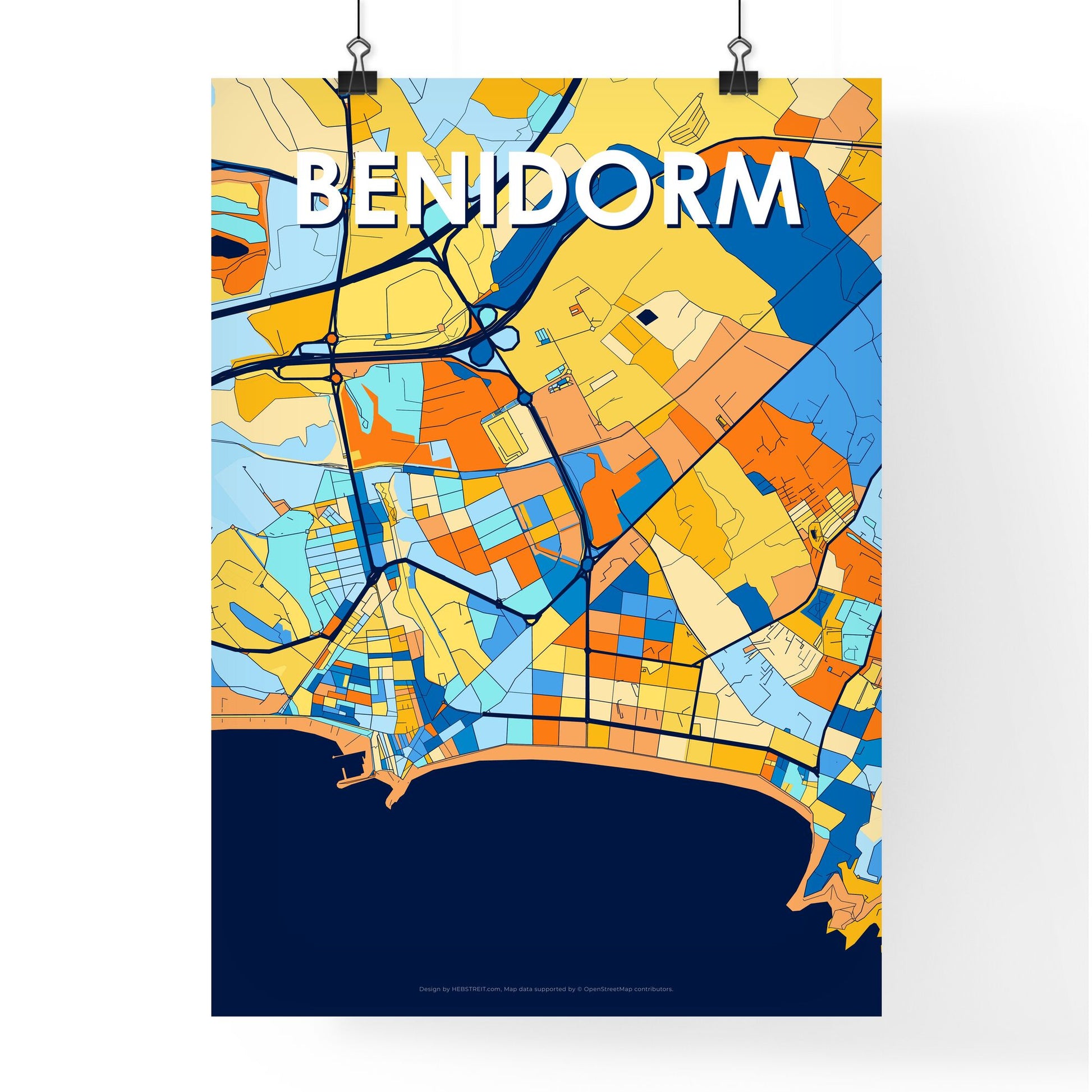 BENIDORM SPAIN Vibrant Colorful Art Map Poster Blue Orange