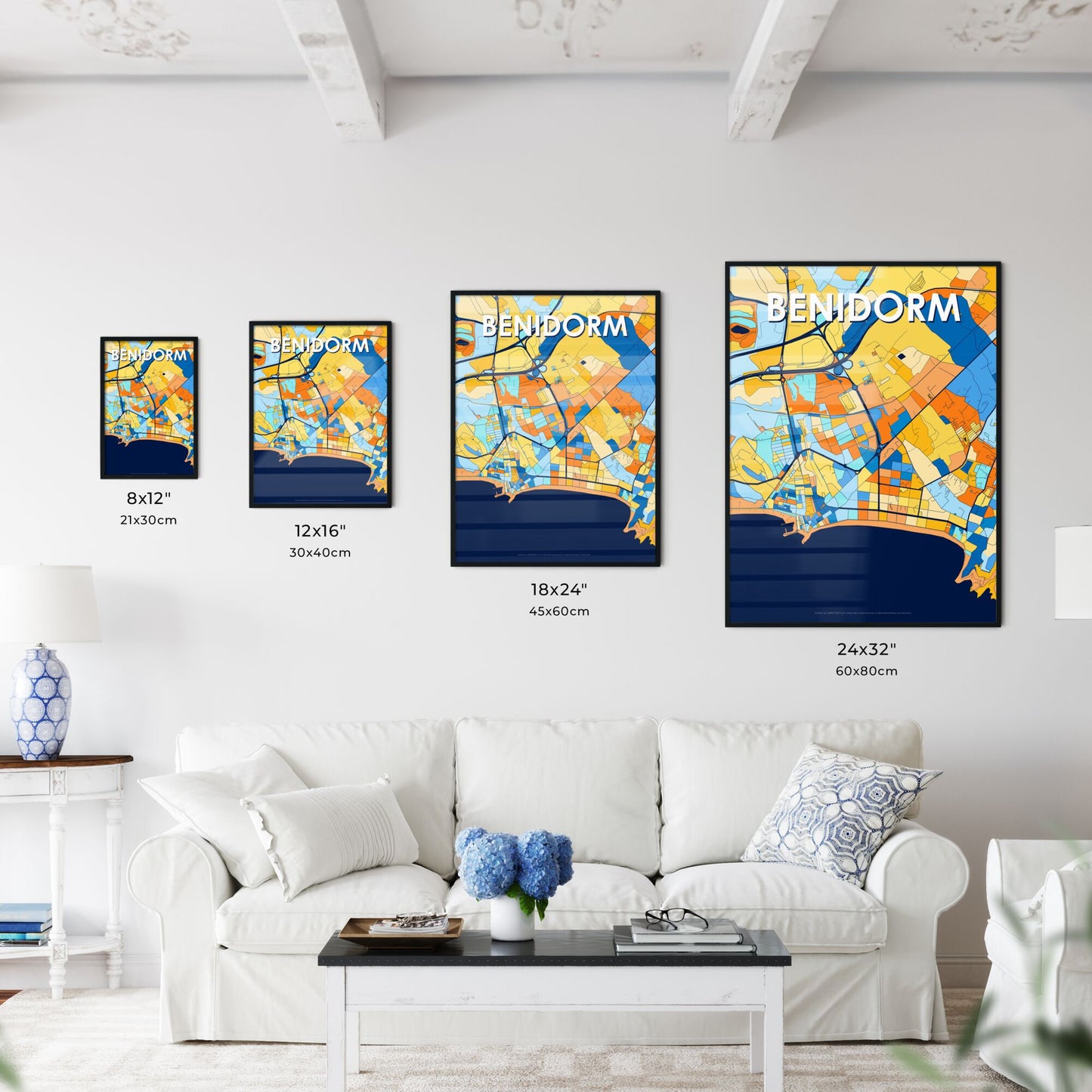 BENIDORM SPAIN Vibrant Colorful Art Map Poster Blue Orange