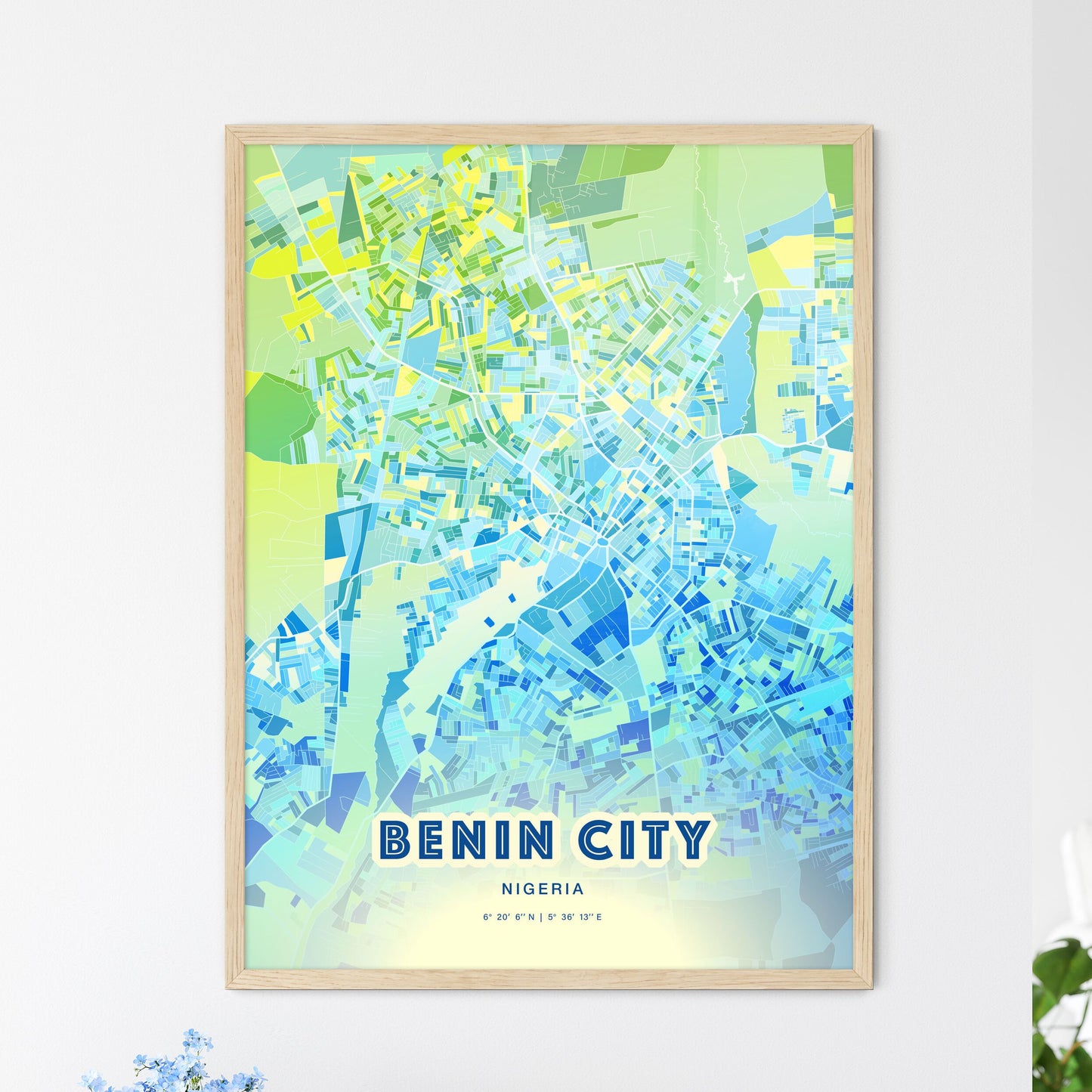 Colorful Benin City Nigeria Fine Art Map Cool Blue