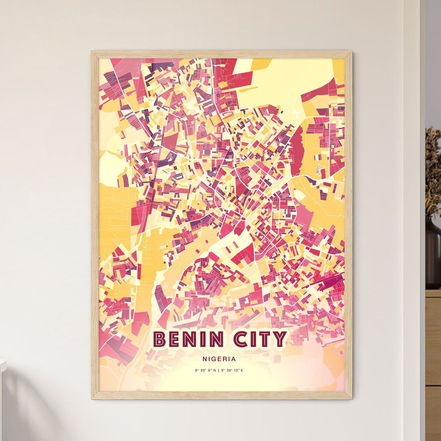 Colorful Benin City Nigeria Fine Art Map Hot Red