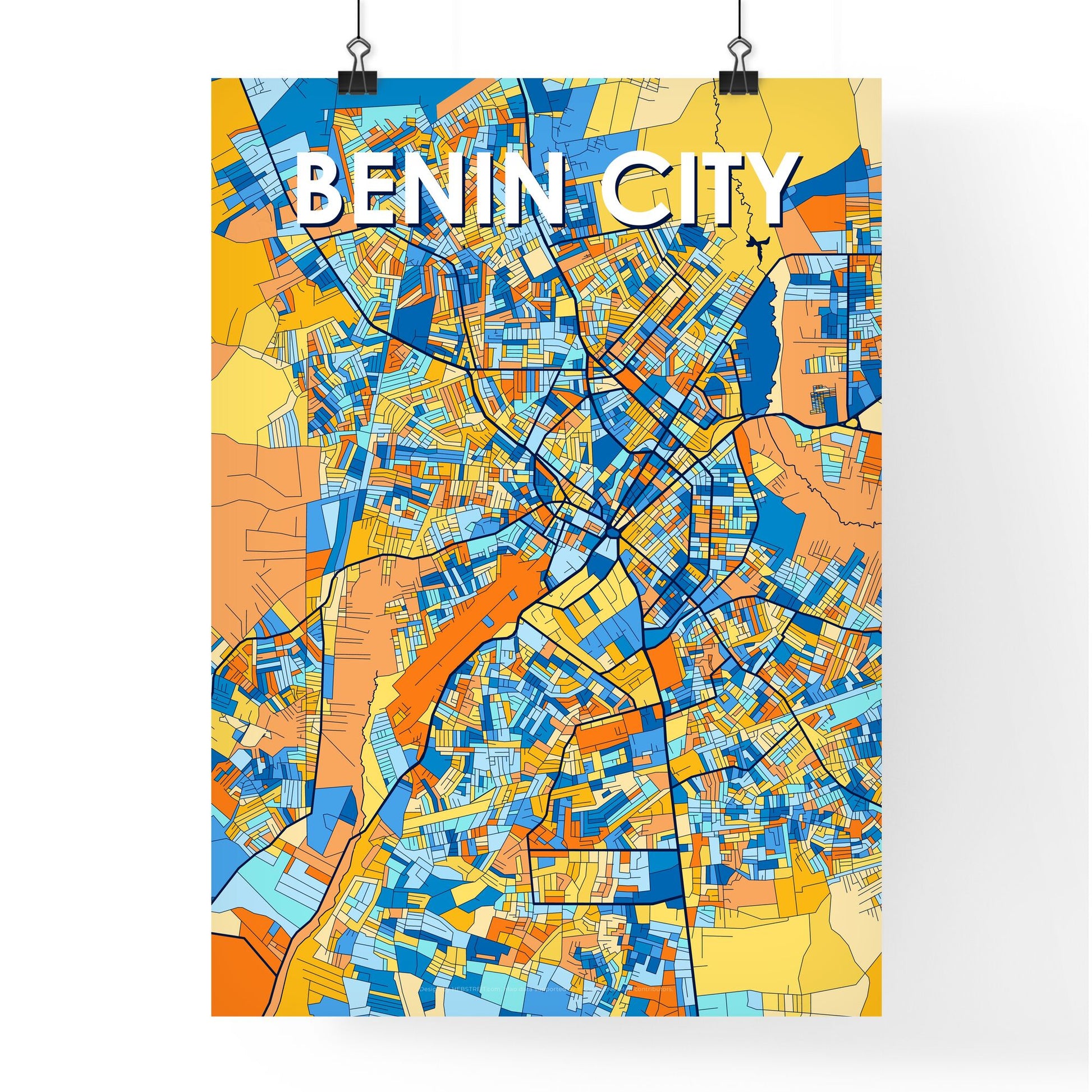 BENIN CITY NIGERIA Vibrant Colorful Art Map Poster Blue Orange