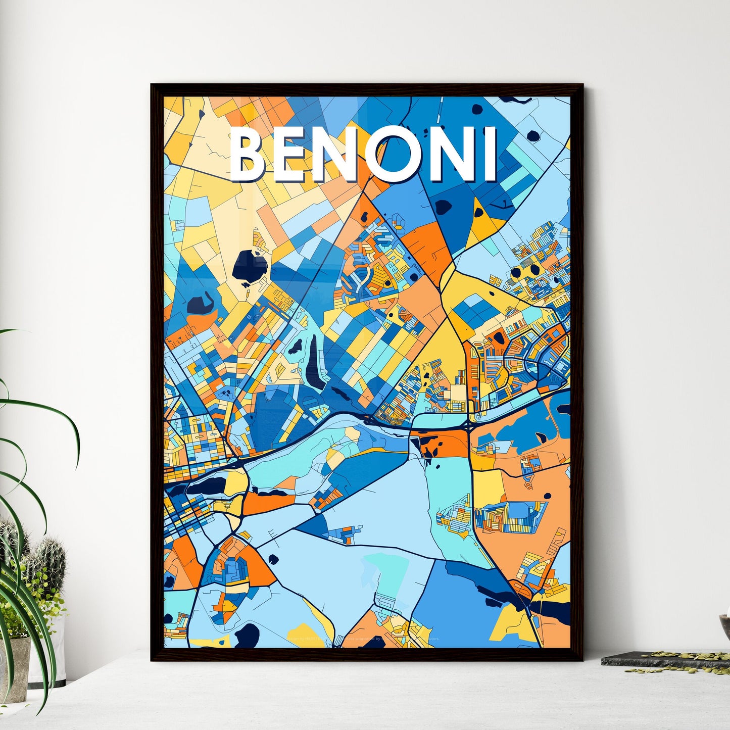 BENONI SOUTH AFRICA Vibrant Colorful Art Map Poster Blue Orange