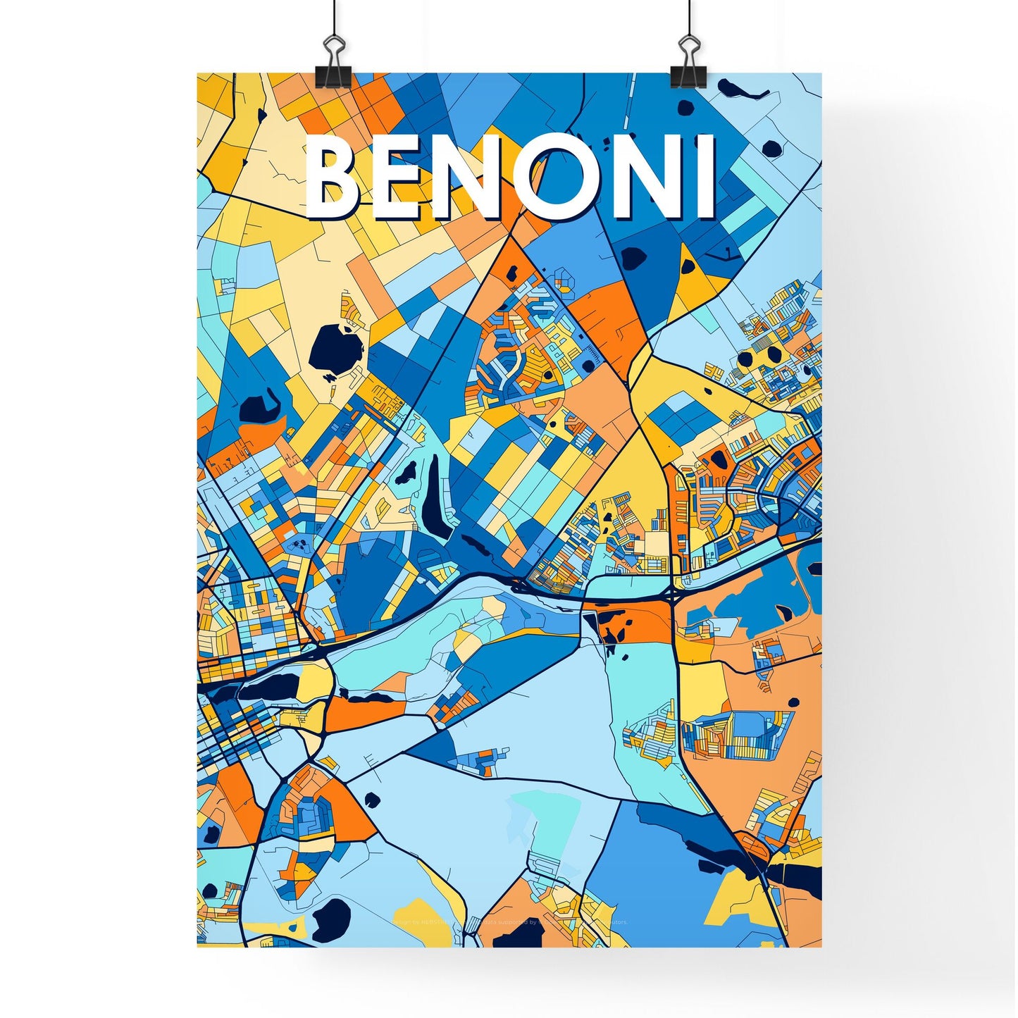 BENONI SOUTH AFRICA Vibrant Colorful Art Map Poster Blue Orange