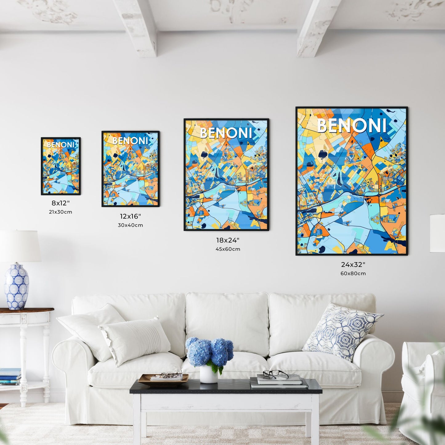 BENONI SOUTH AFRICA Vibrant Colorful Art Map Poster Blue Orange