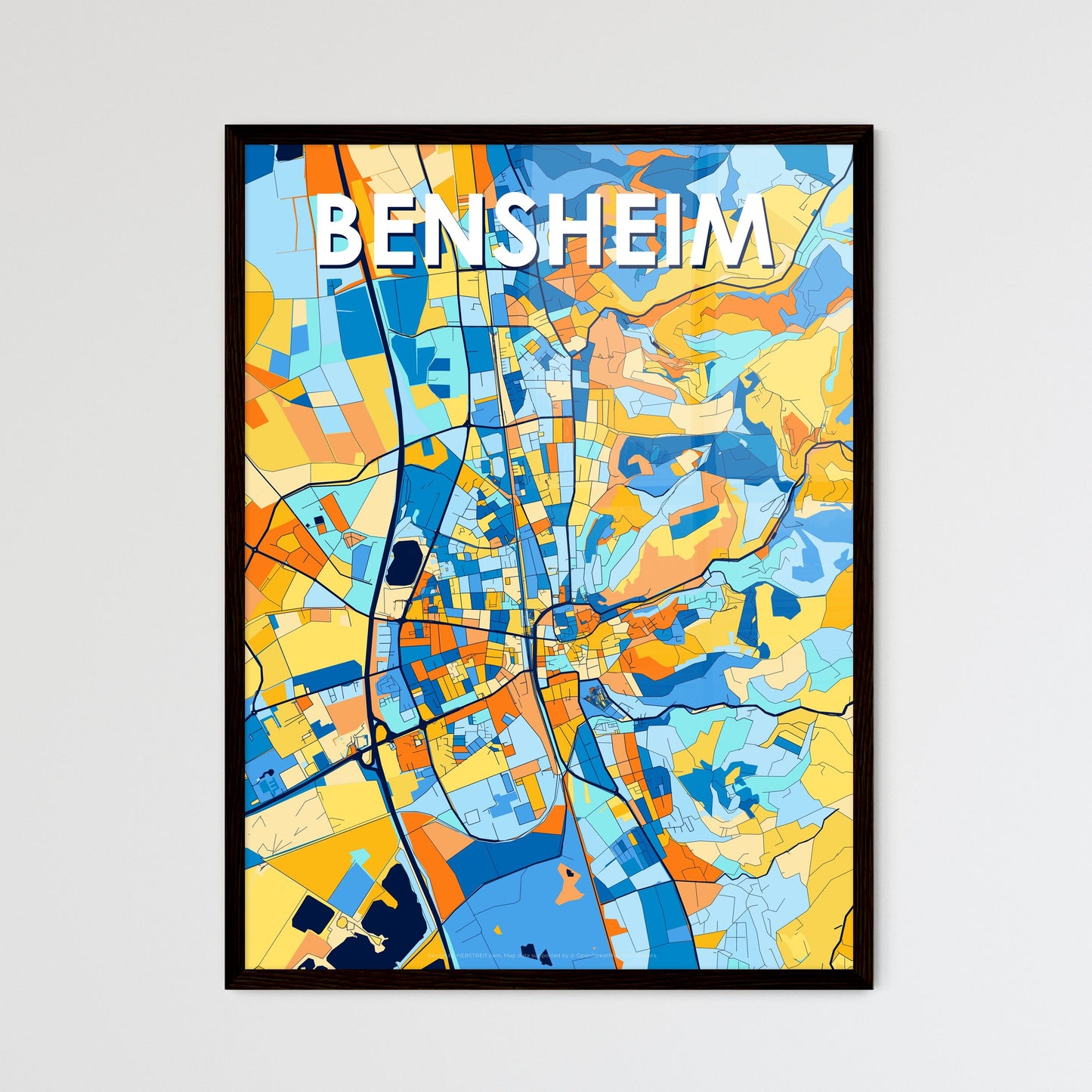 BENSHEIM GERMANY Vibrant Colorful Art Map Poster Blue Orange