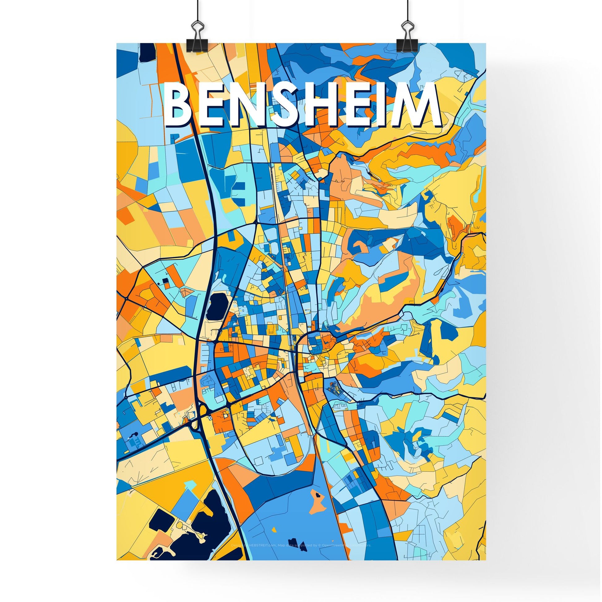 BENSHEIM GERMANY Vibrant Colorful Art Map Poster Blue Orange