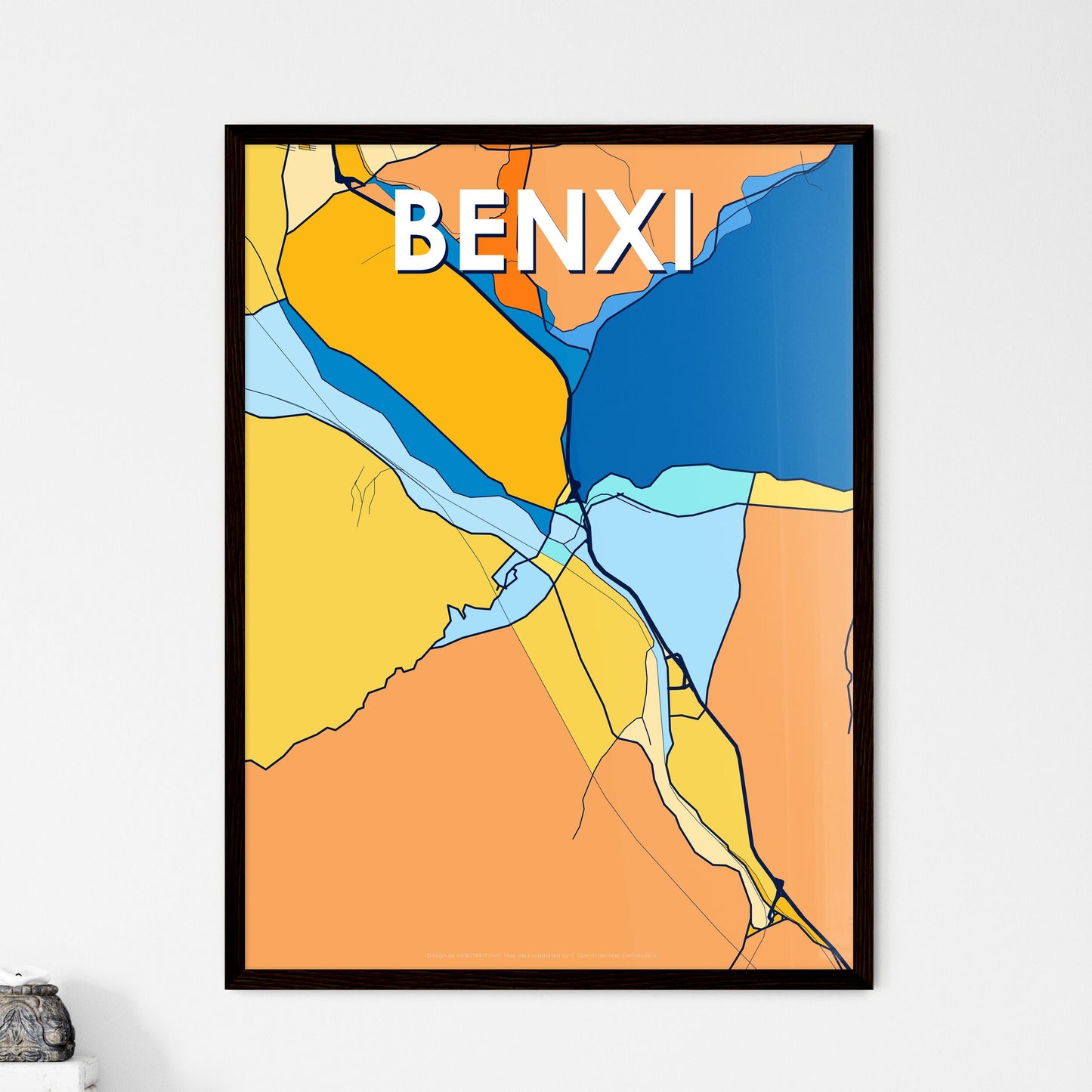 BENXI CHINA Vibrant Colorful Art Map Poster Blue Orange