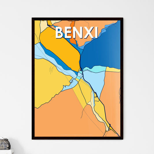 BENXI CHINA Vibrant Colorful Art Map Poster Blue Orange