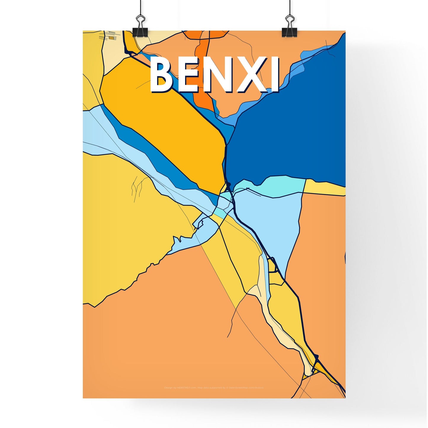 BENXI CHINA Vibrant Colorful Art Map Poster Blue Orange